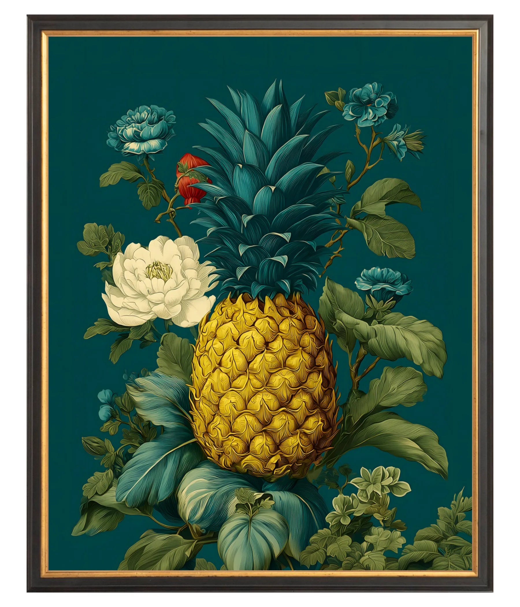Black & Gold Framed artwork of a pineapple surrounded by flowers on a teal background 16" x 20"