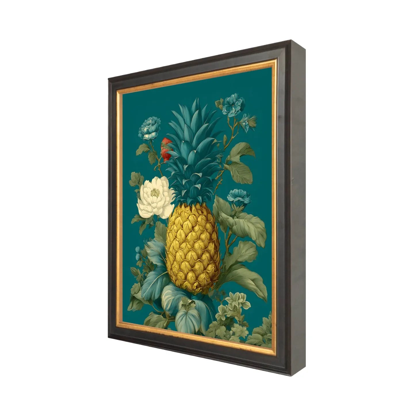 Black & Gold Framed artwork of a pineapple surrounded by flowers on a teal background 8" x 10" side view