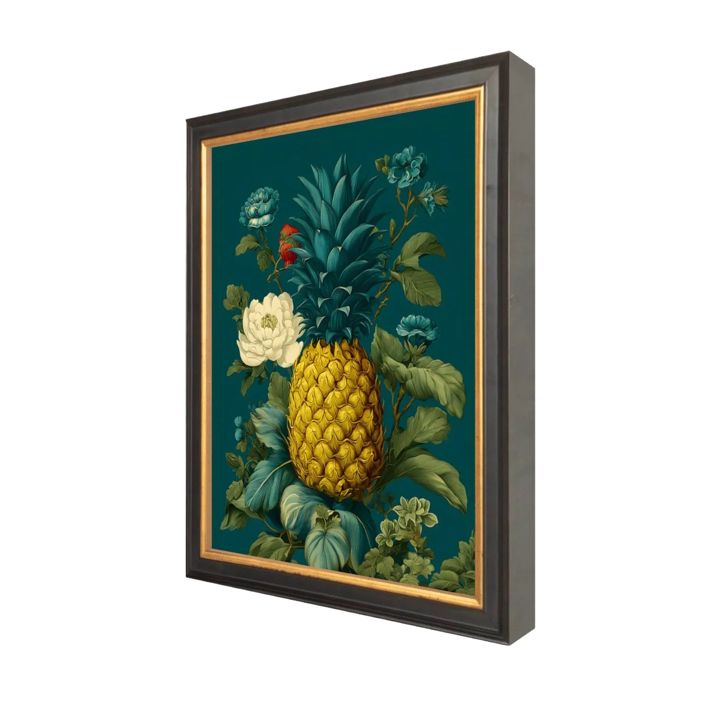 Black & Gold Framed artwork of a pineapple surrounded by flowers on a teal background 8" x 10" side view