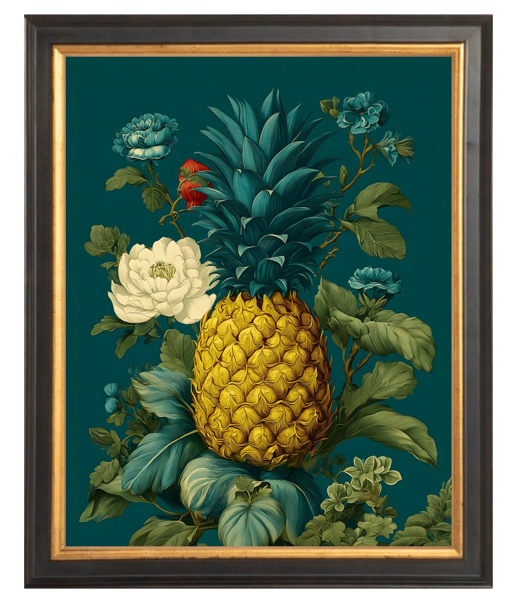 Black & Gold Framed artwork of a pineapple surrounded by flowers on a teal background 8" x 10"