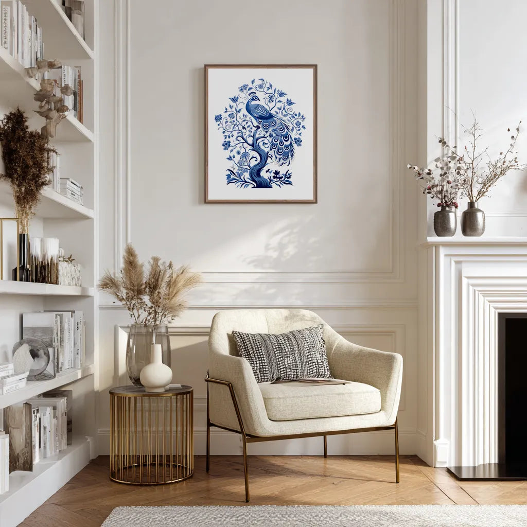 Living room with a beige armchair, bookshelf, and decorative wall art.