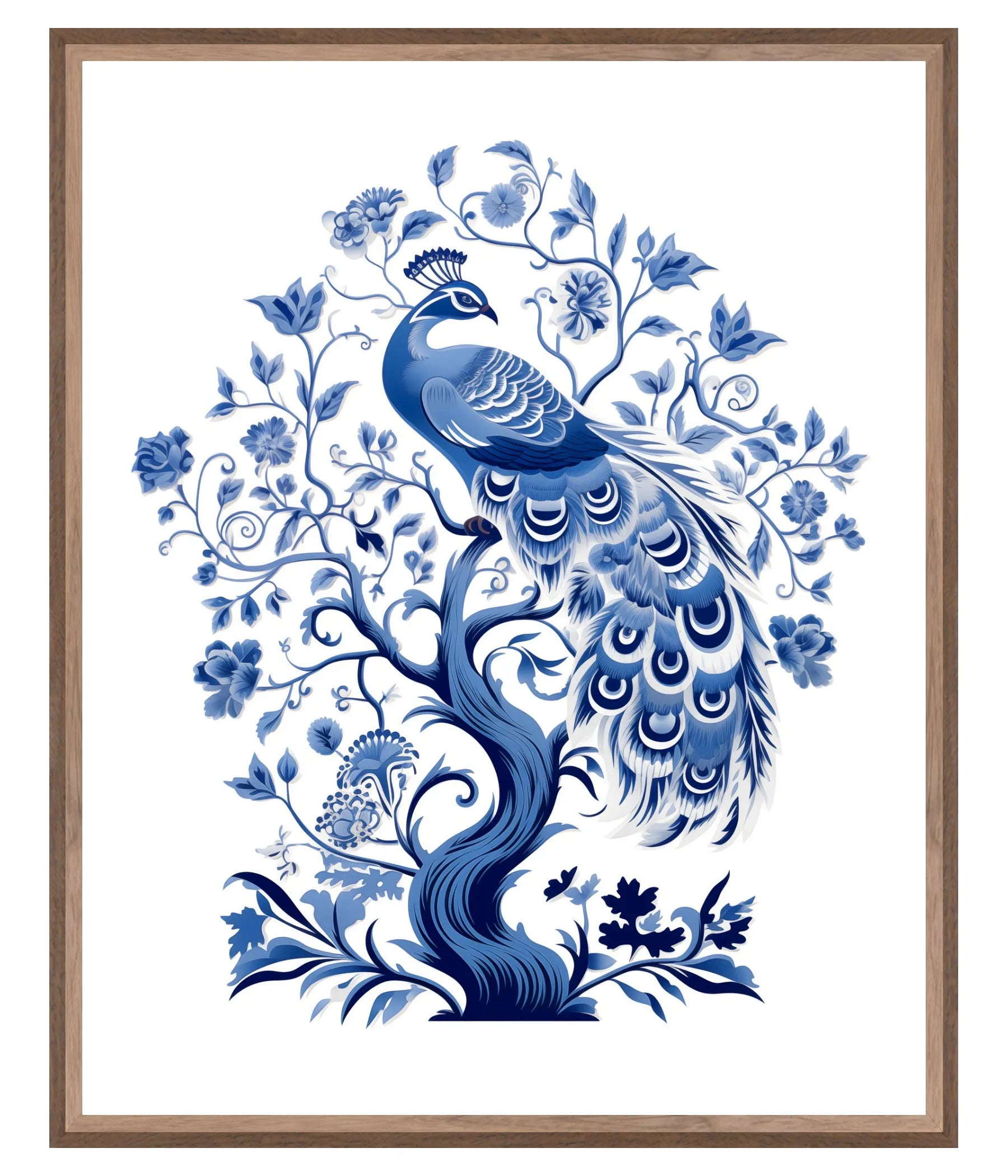 Framed artwork of a blue peacock with floral patterns on a white background