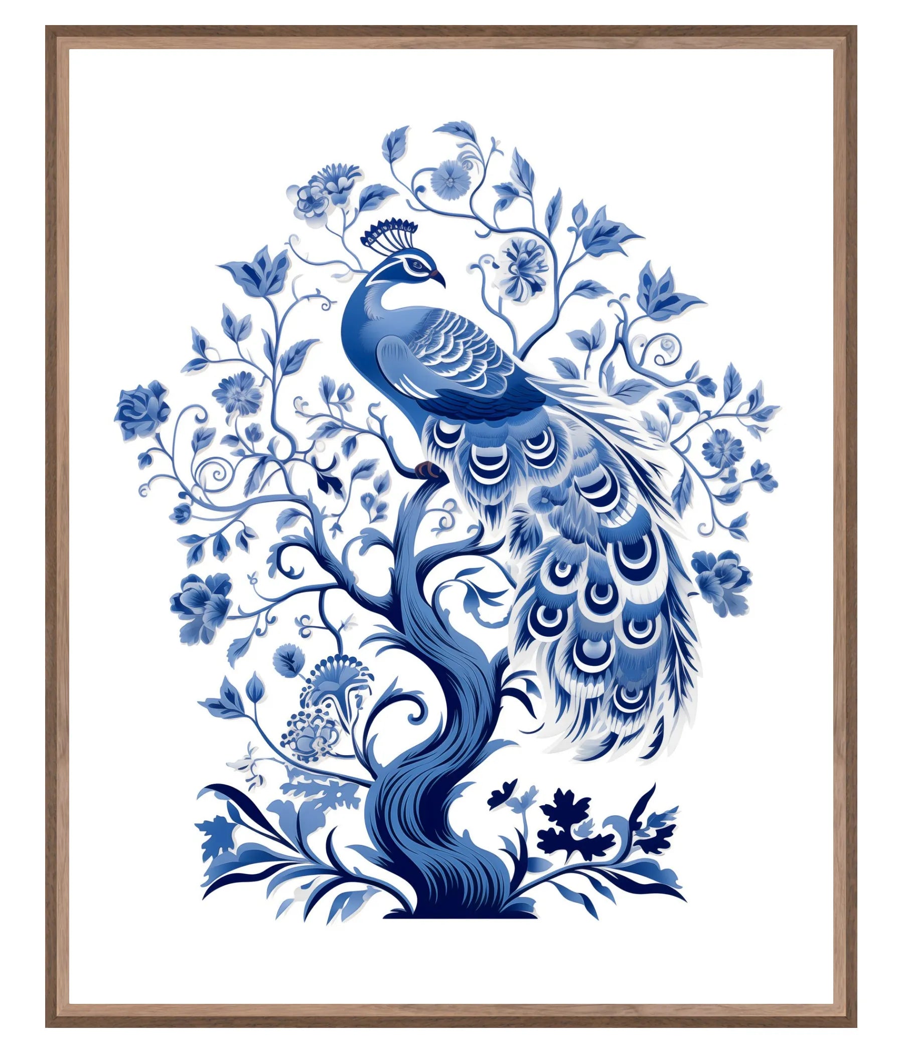 Walnut Framed artwork of a blue peacock among floral branches on a white background