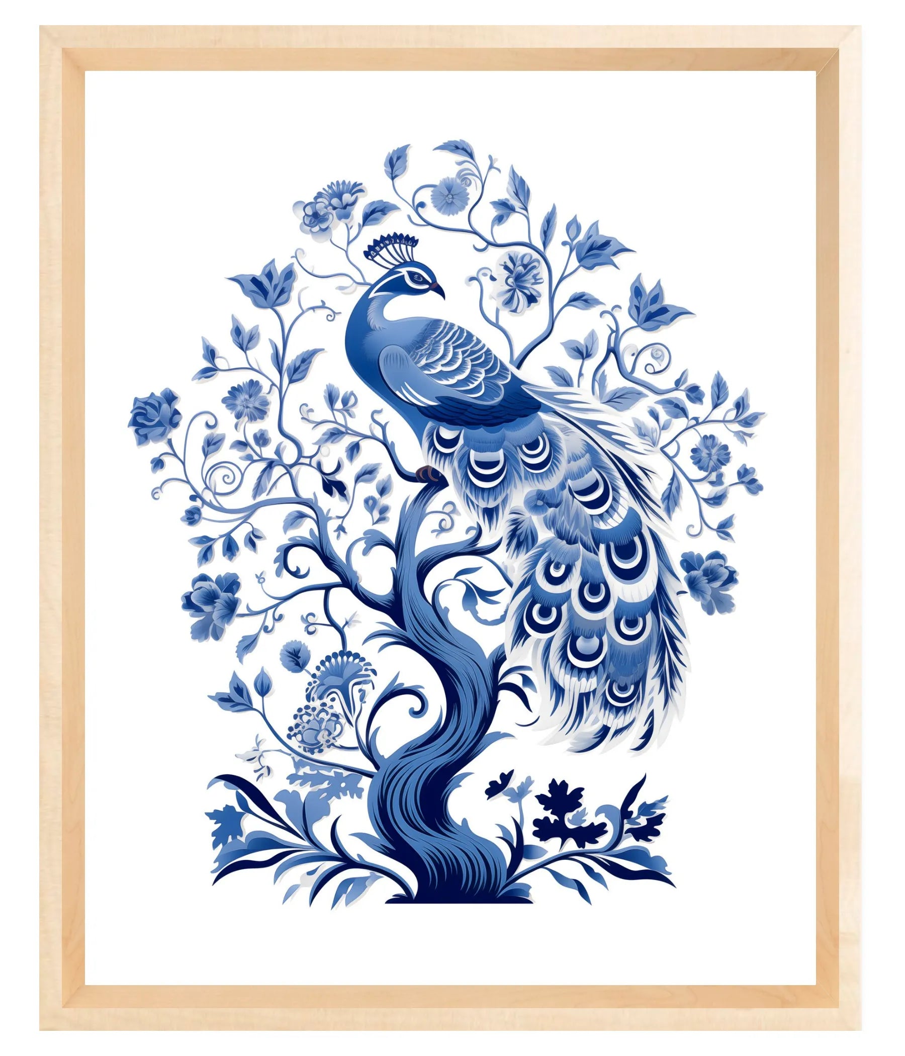 Natural Wood Framed artwork of a blue peacock with floral patterns