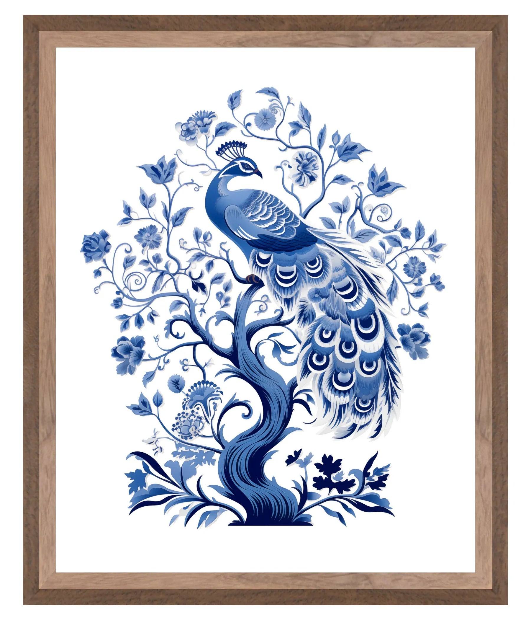 Walnut Wood Framed artwork of a blue peacock among floral branches on a white background