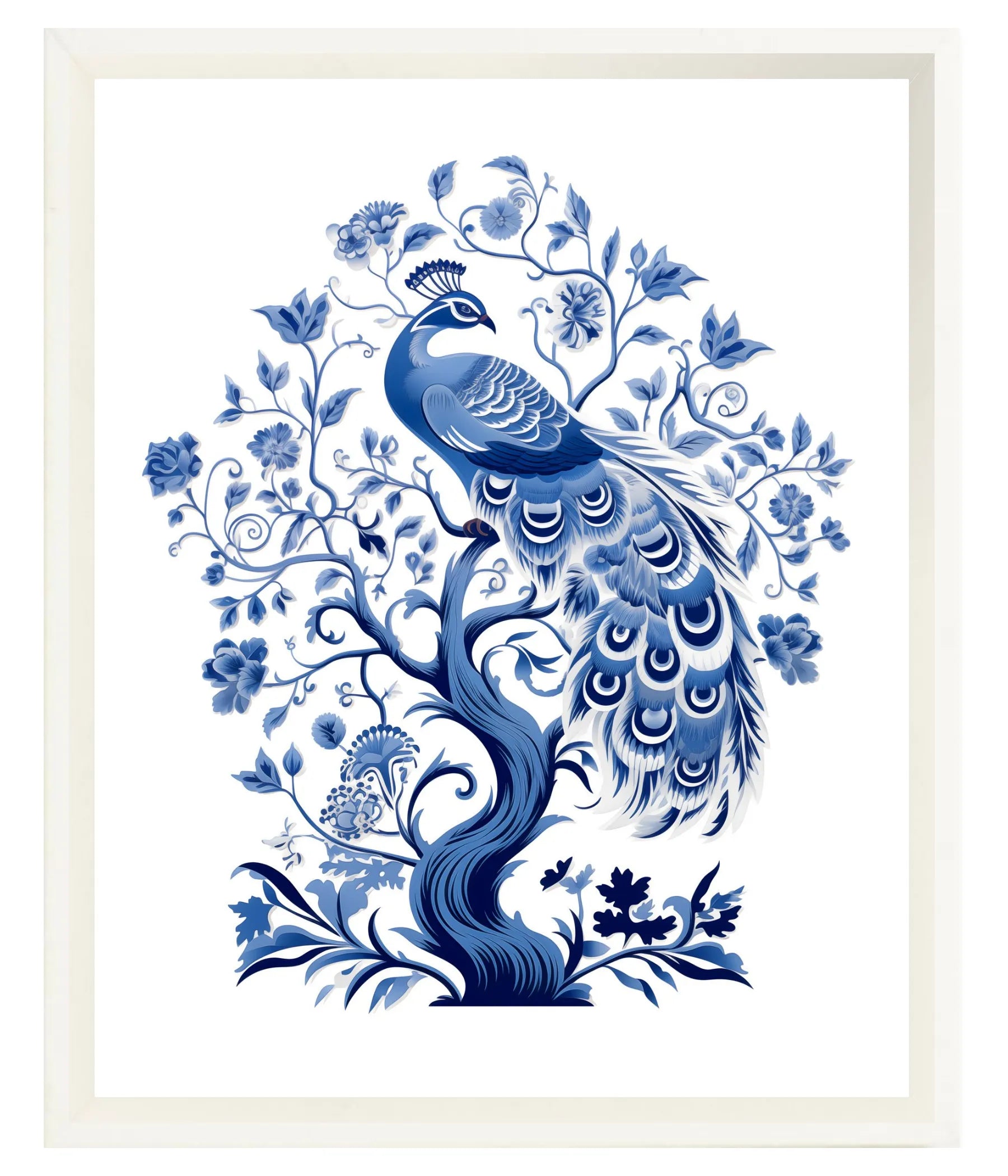 White Wood Framed Blue peacock illustration with floral elements on a white background