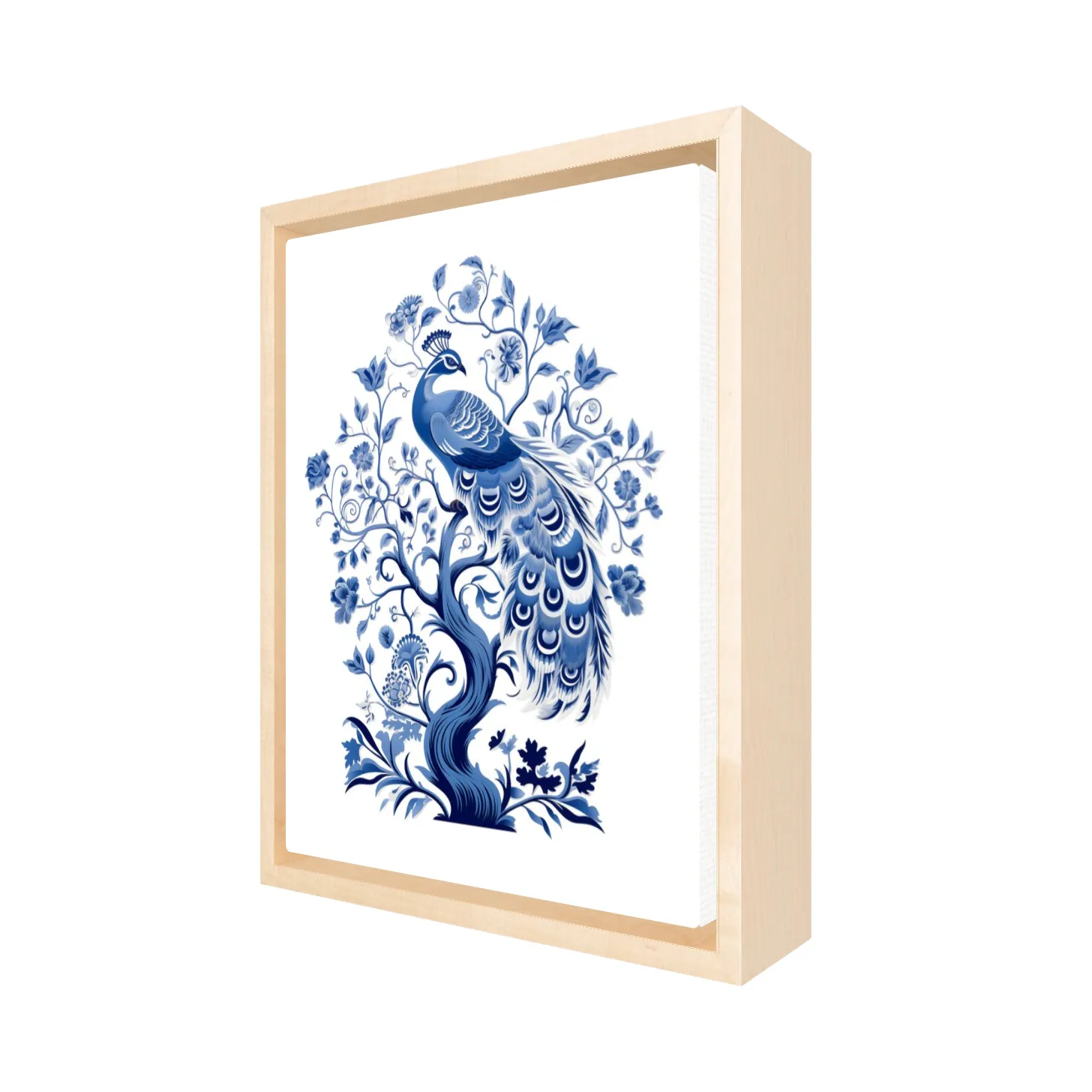 Side view of Natural Wood Floating Framed artwork of a blue peacock design on a white background