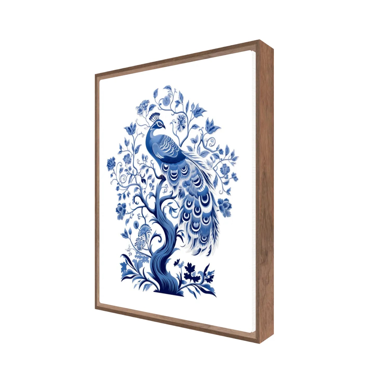 Framed artwork with a blue peacock design on a white background, side view of a walnut floating frame