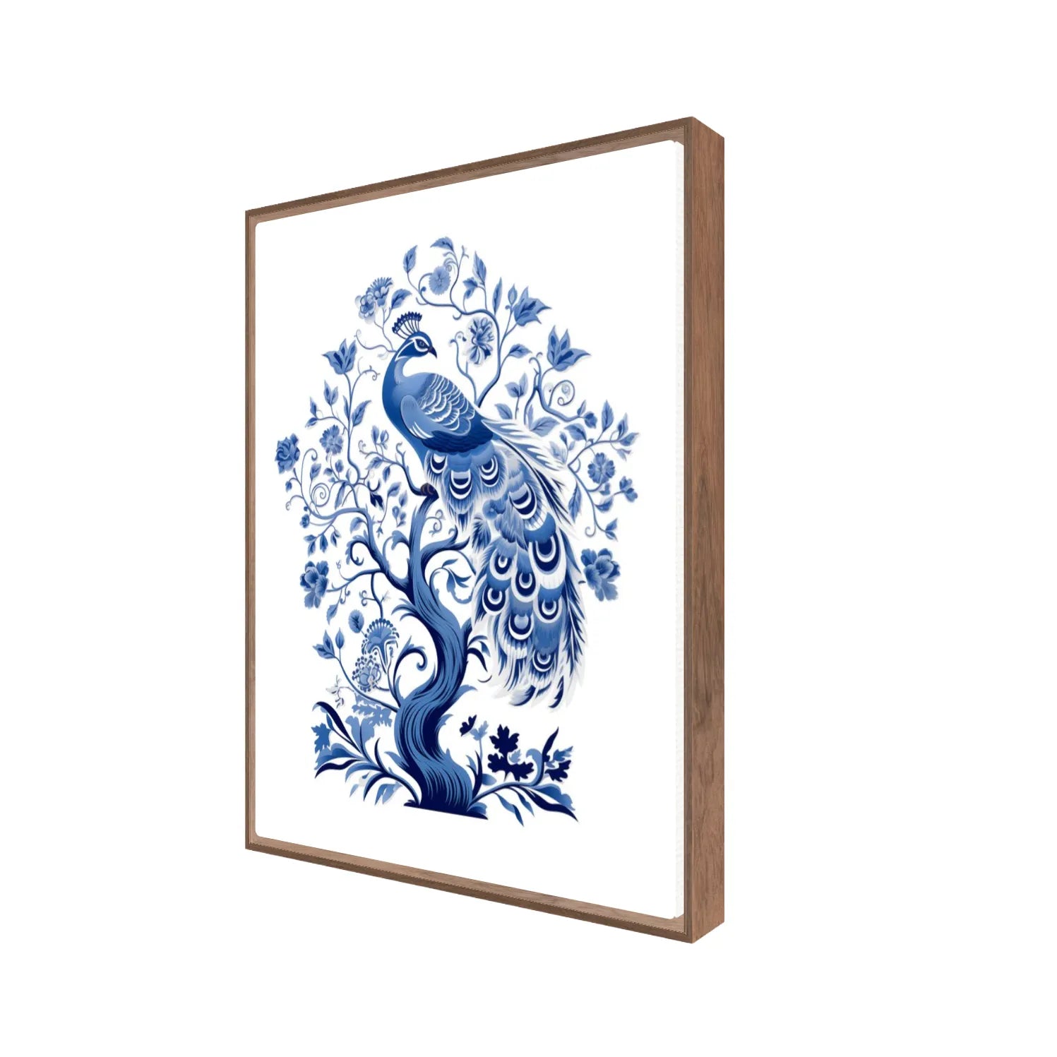 Framed artwork of a blue peacock design on a white background, side view of a walnut floating frame 20" x 25"