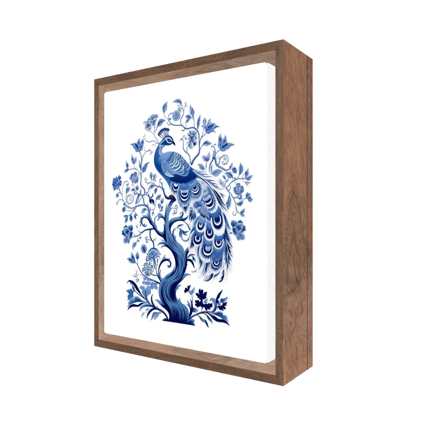 8" x 10" Floating Walnut Framed artwork of a blue peacock design on a white background