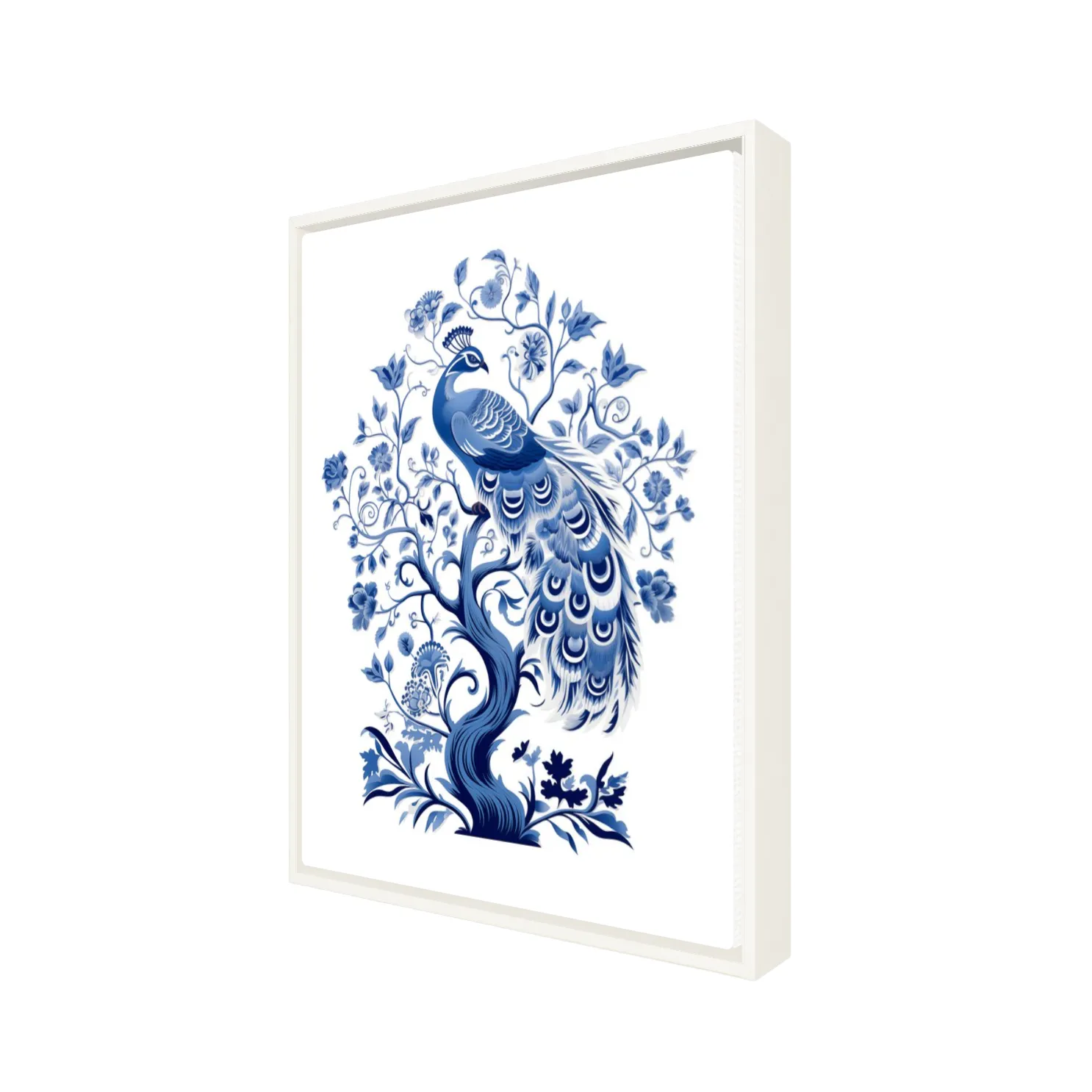 16" x 20" White Framed artwork of a blue peacock with floral patterns on a white background, side view