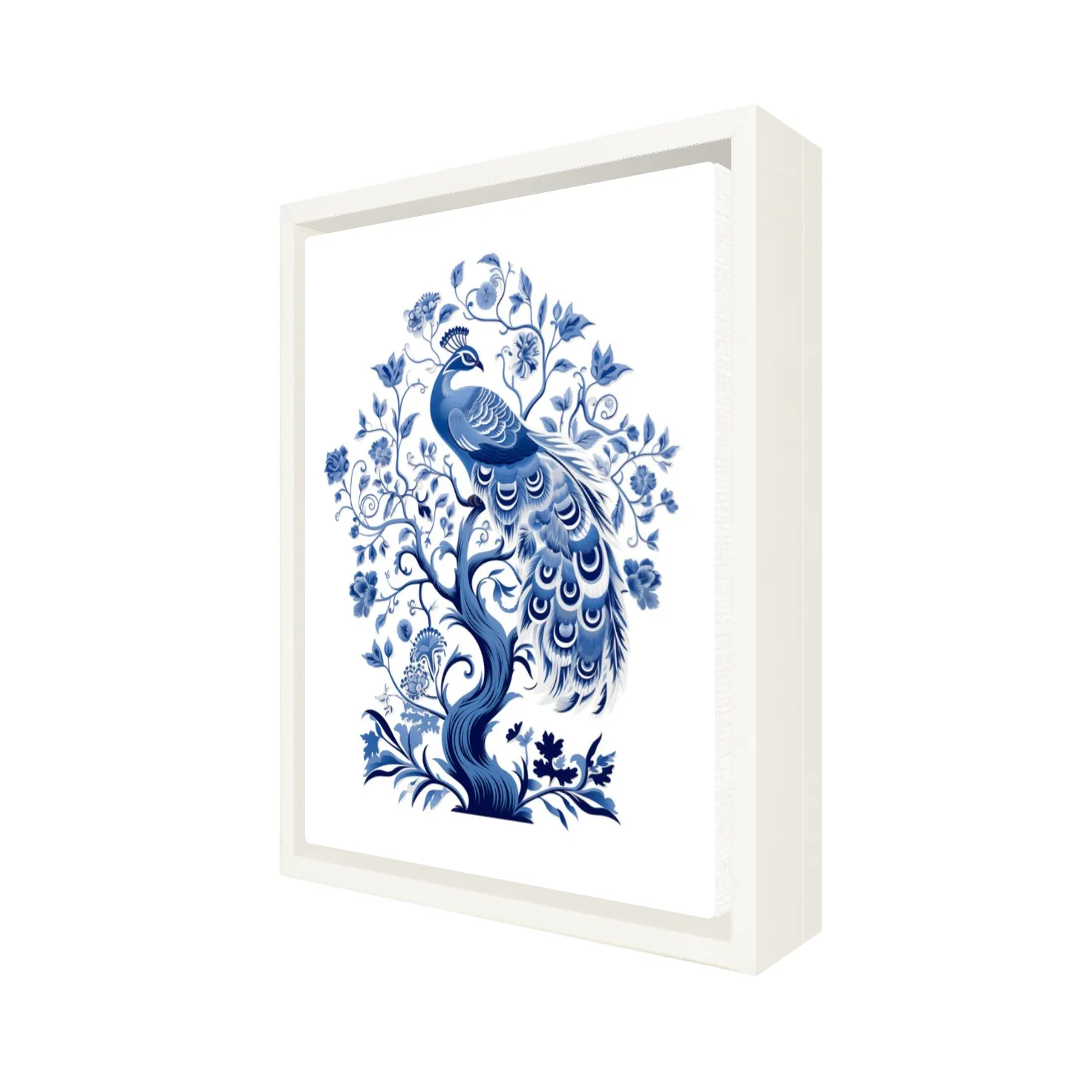 8" x 10" Floating White Framed artwork of a blue peacock design on a white background