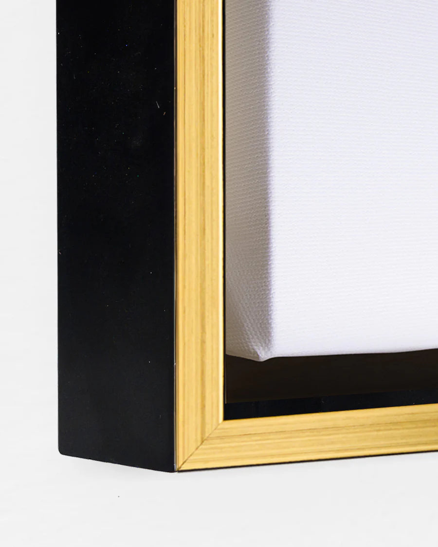 Close up of a black and gold floating frame on a white background