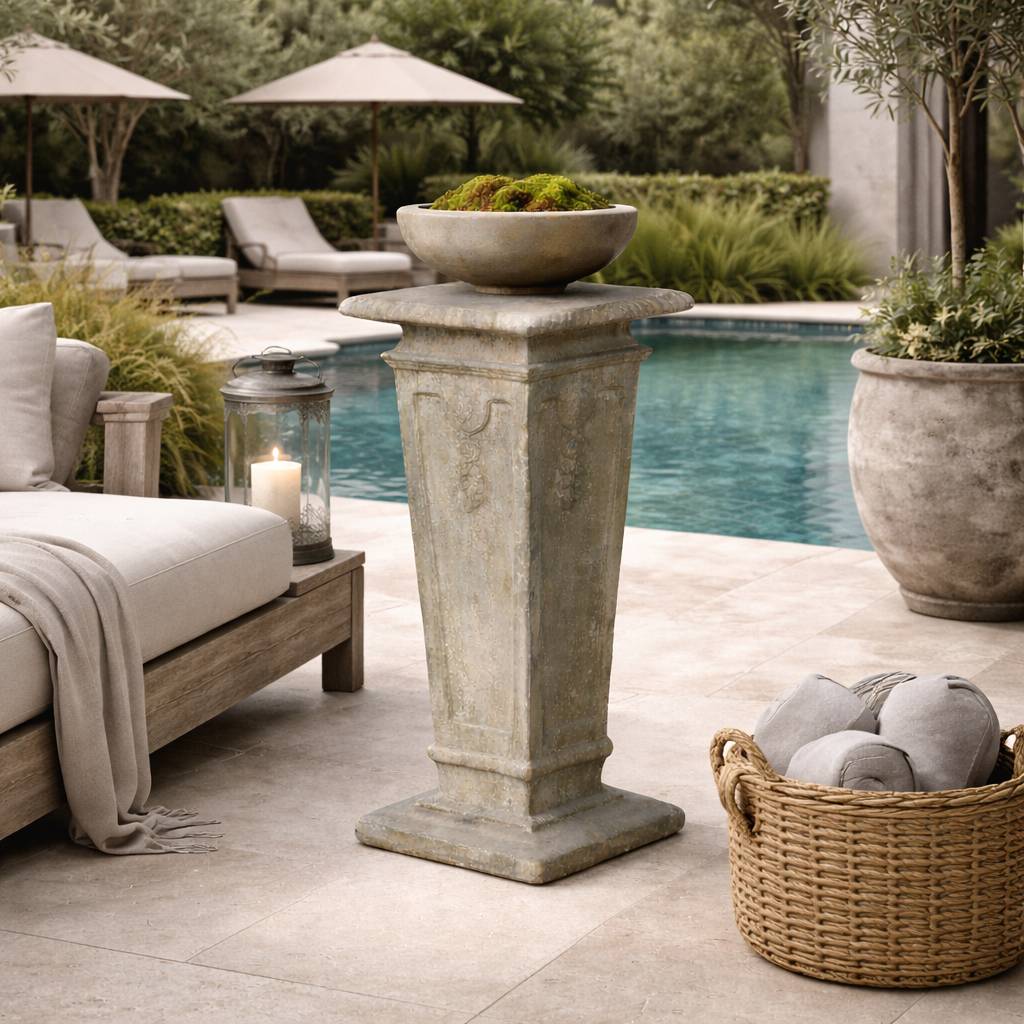 Outdoor patio with lounge chairs, candle lanterns, garden pedestal and decorative elements by a pool.
