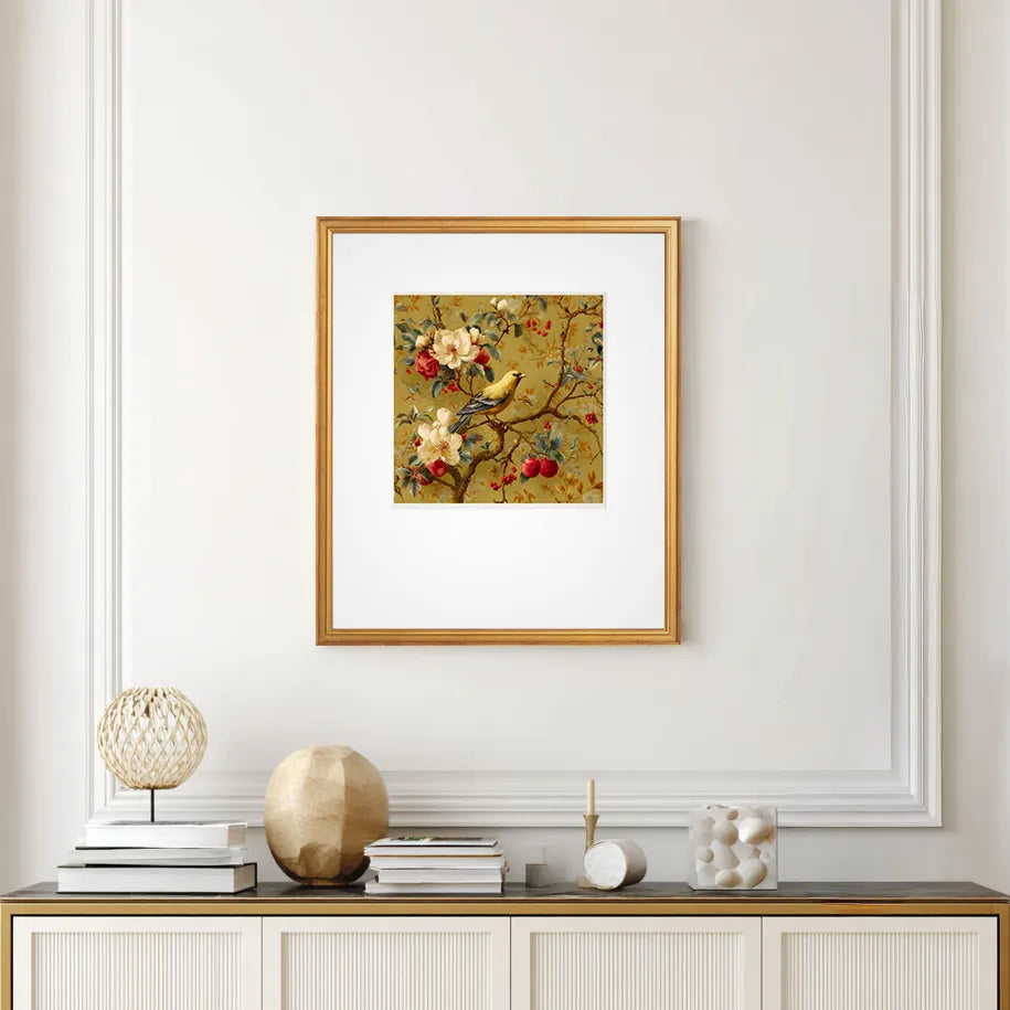 chinoiserie songbird in a gold frame on a wall of a luxury interior