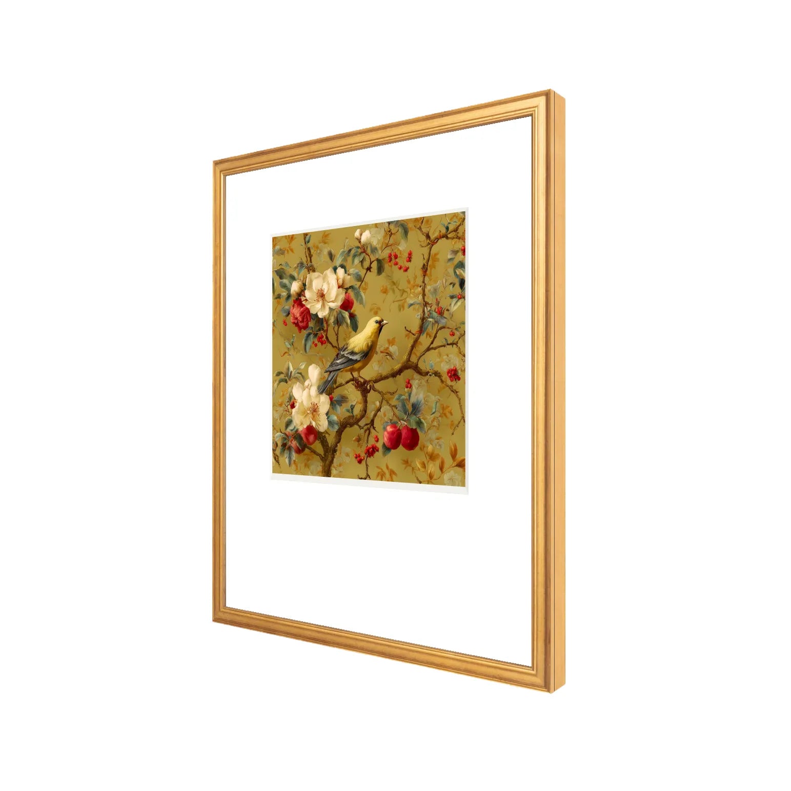 Chinoiserie Songbird Wall Art – Professionally Framed in Certificate Gold Side View