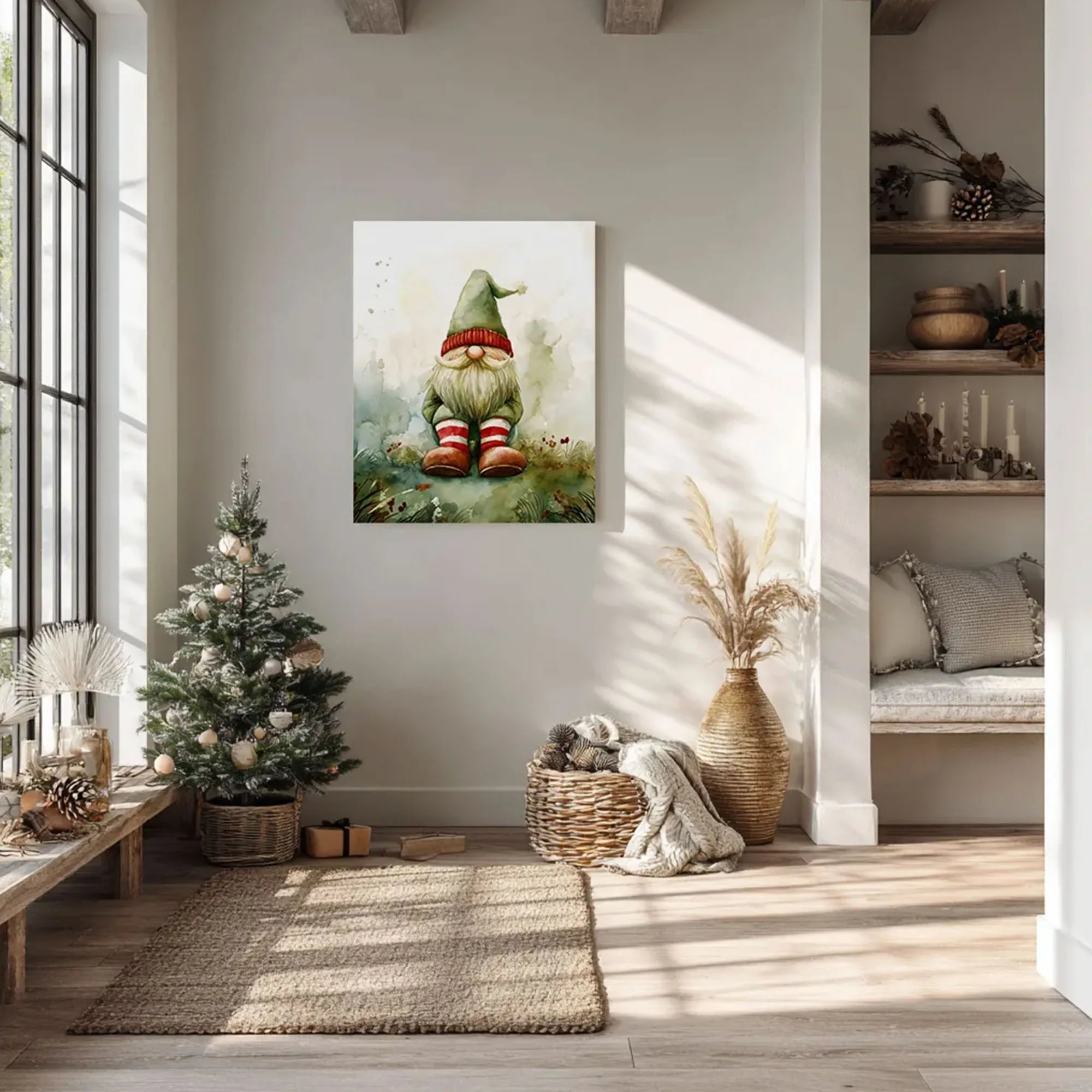 Nestled corner of a room with a small Christmas tree, a basket, and a decorative gnome painting on the wall.