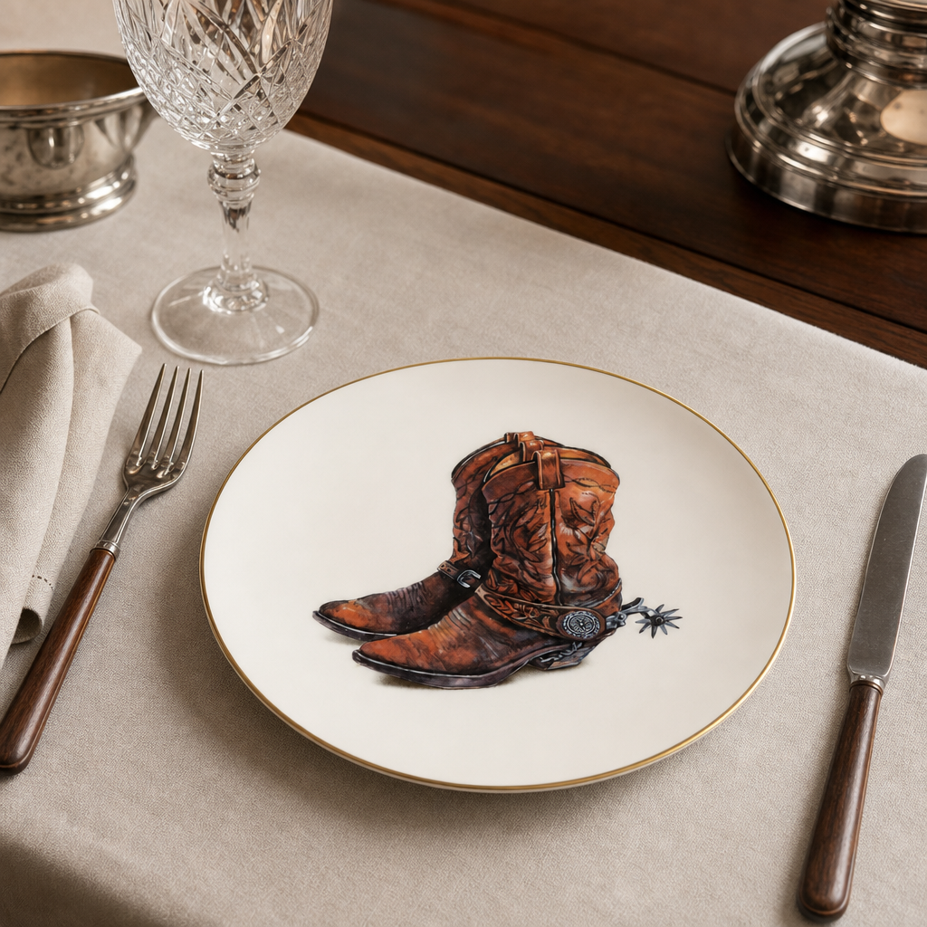 Amarillo Western Boot Pattern Bone China Round Salad Plate