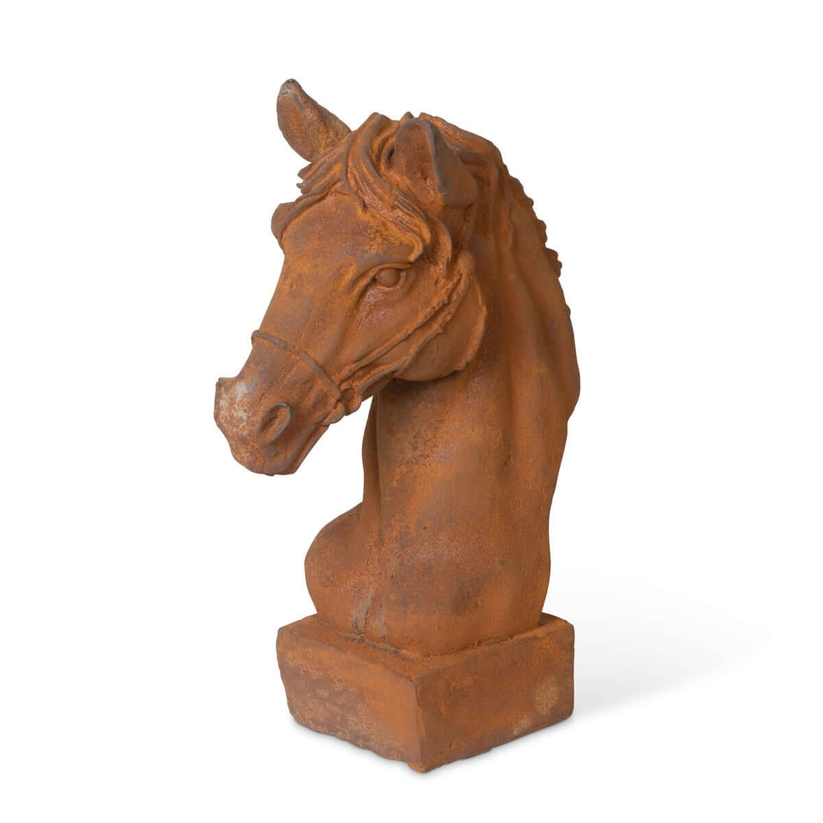 Rust-colored horse head sculpture on a white background