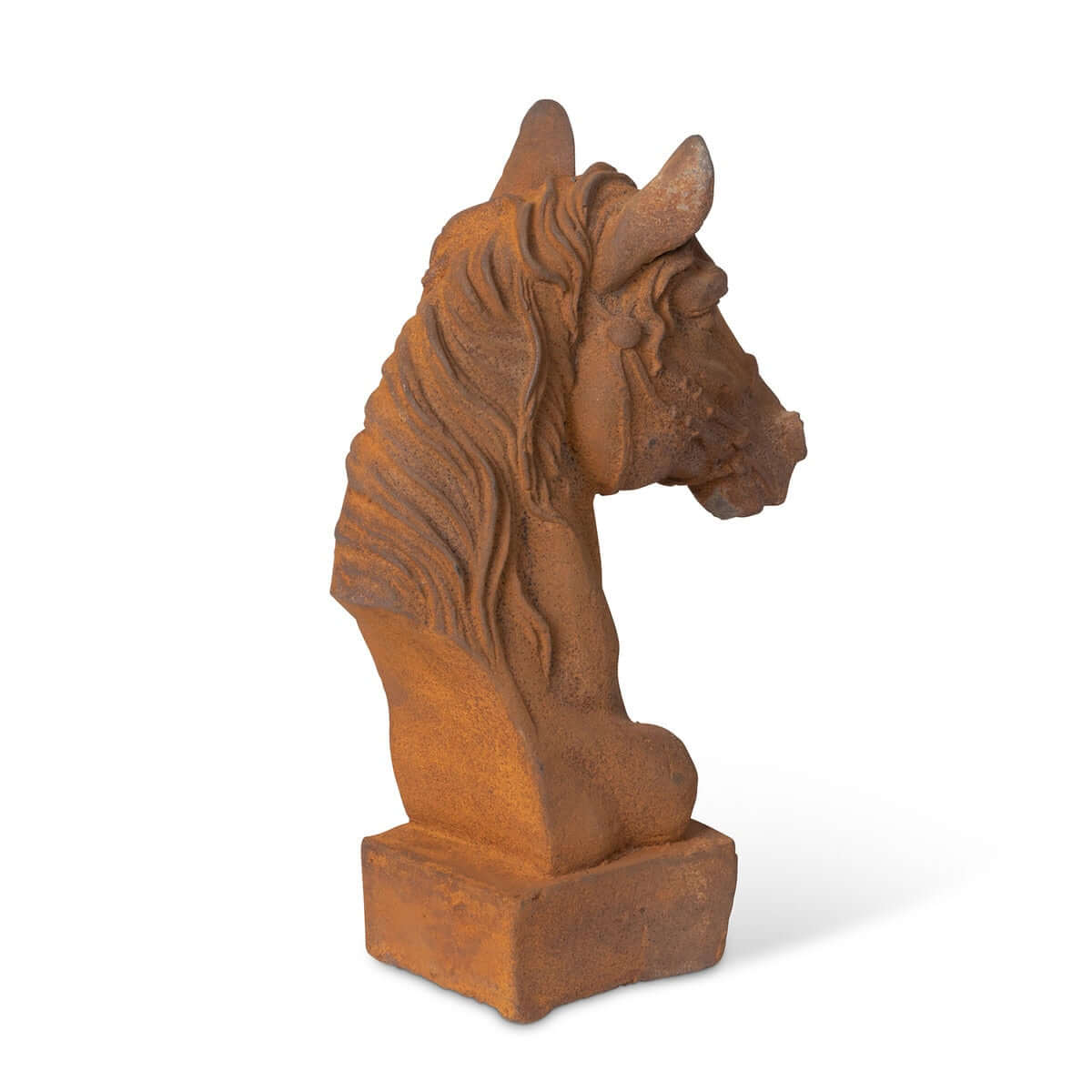 Rust-colored horse head sculpture on a white background