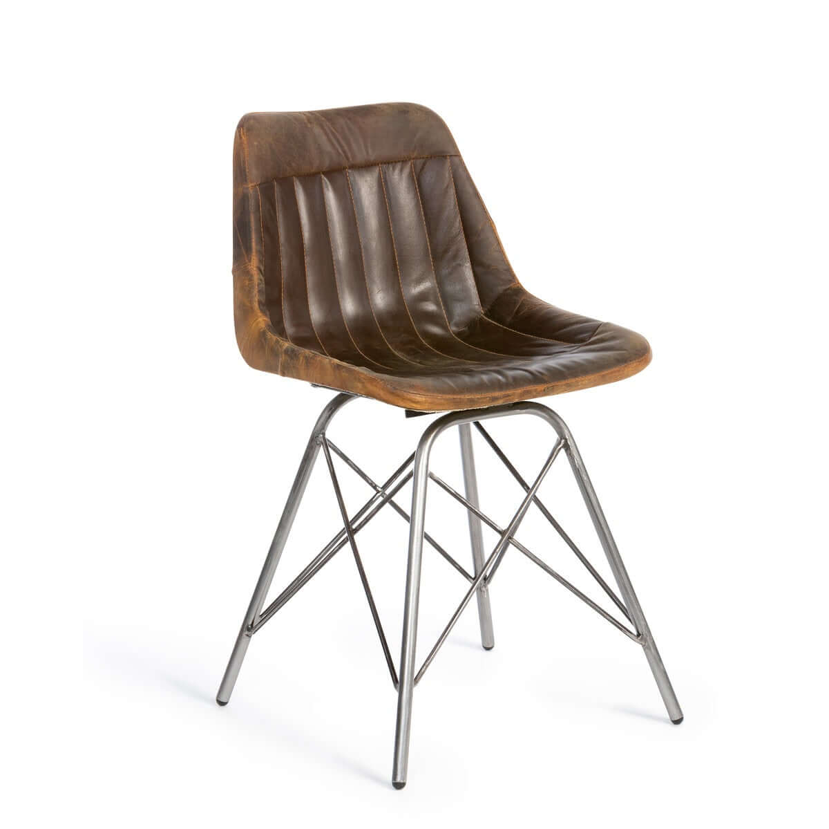 Brown leather chair with metal legs on a white background