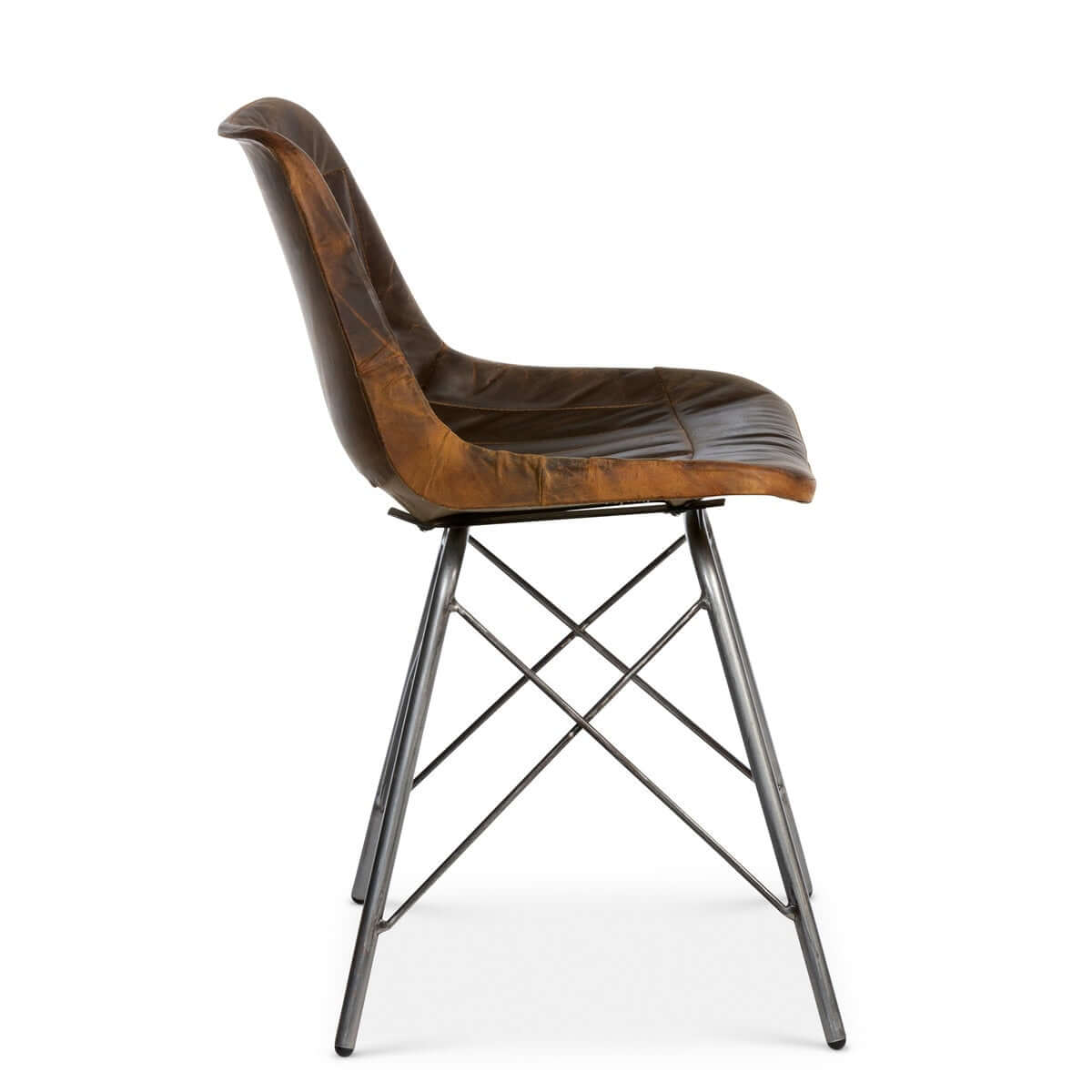 Brown leather chair with metal legs on a white background