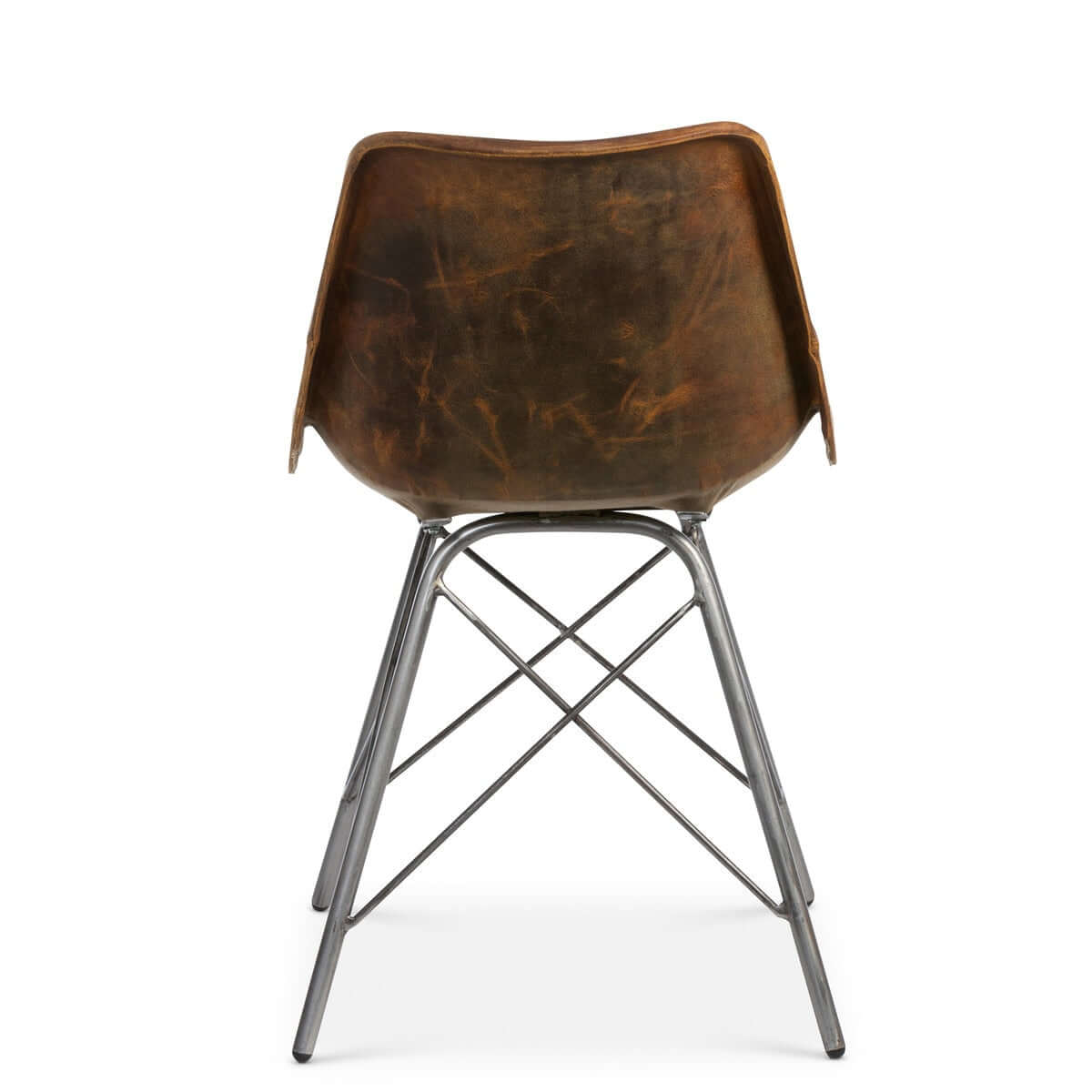 Brown leather chair with metal frame on a white background
