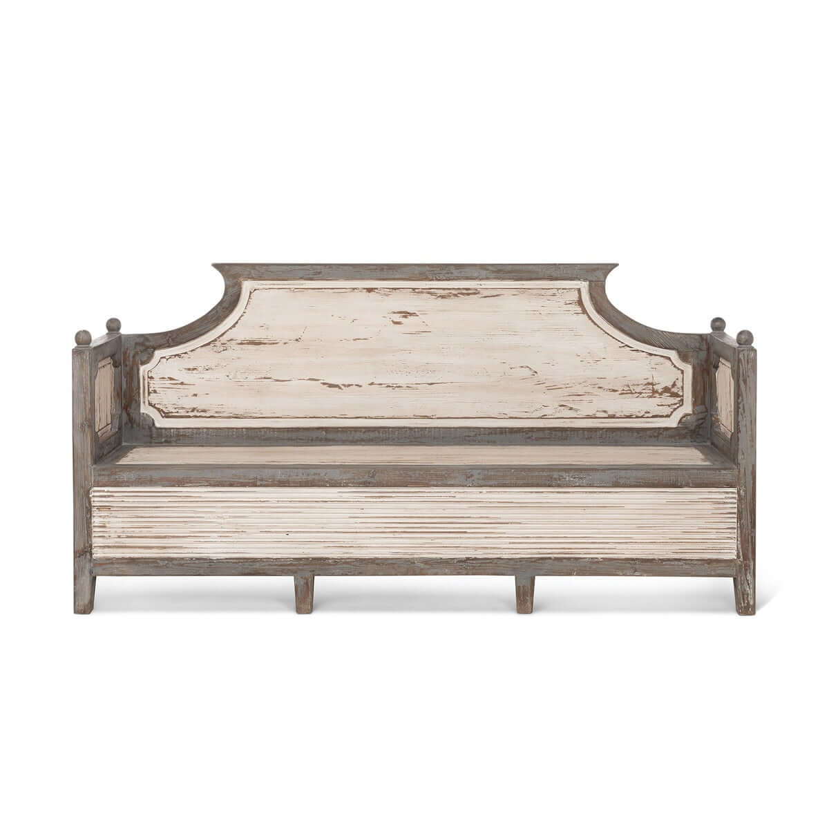 Wooden bench with a rustic finish on a white background
