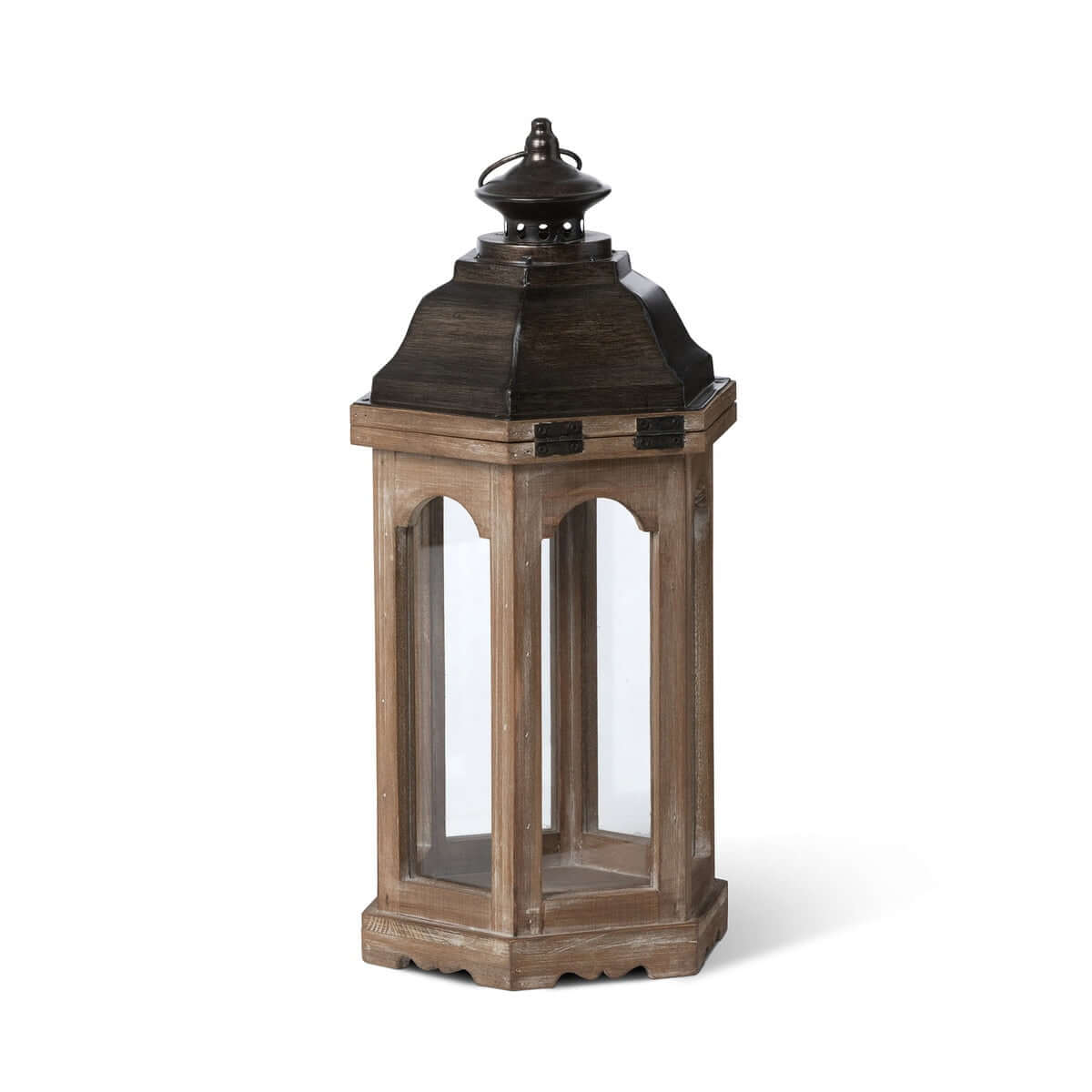 Wooden lantern with a dark brown top on a white background