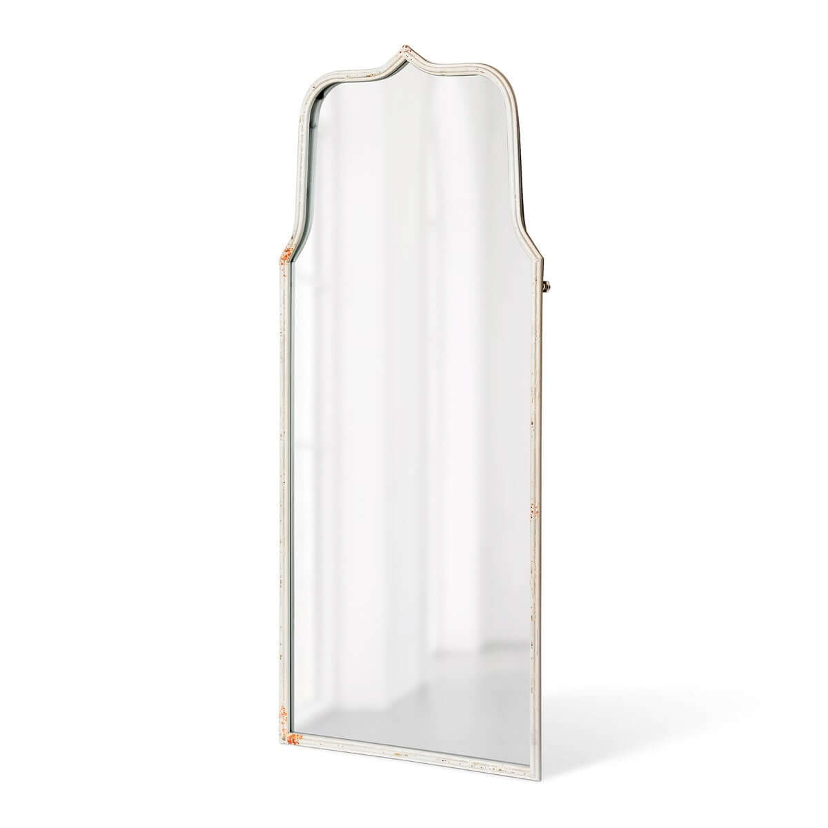Side angle of a mirror with distressed white frame on a white background