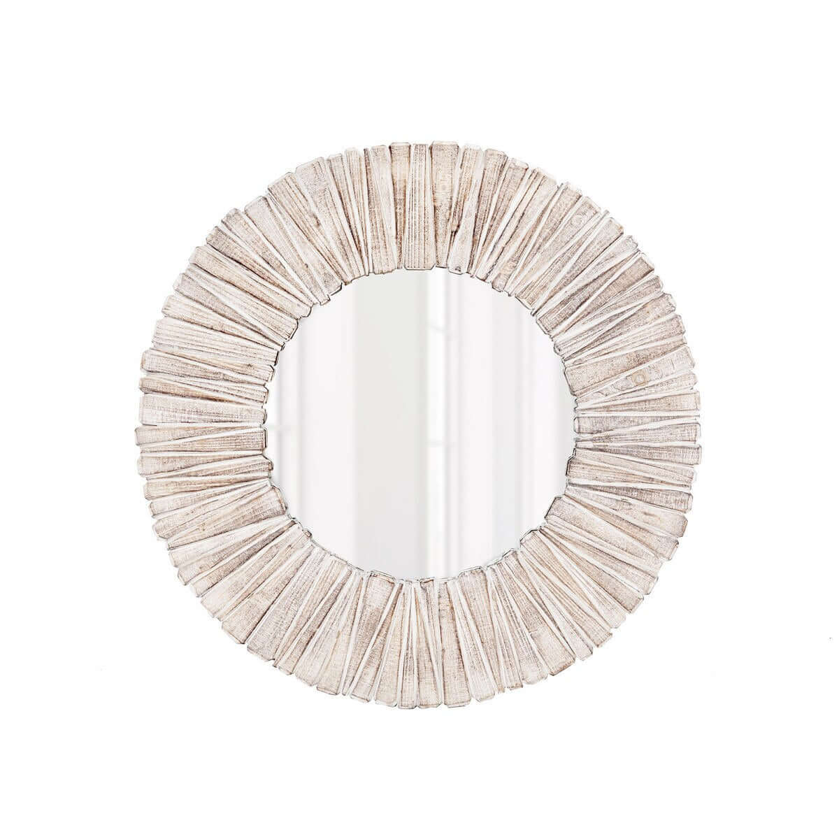 Whitewashed Wood Slat Round coastal mirror with a beige, textured frame on a white background