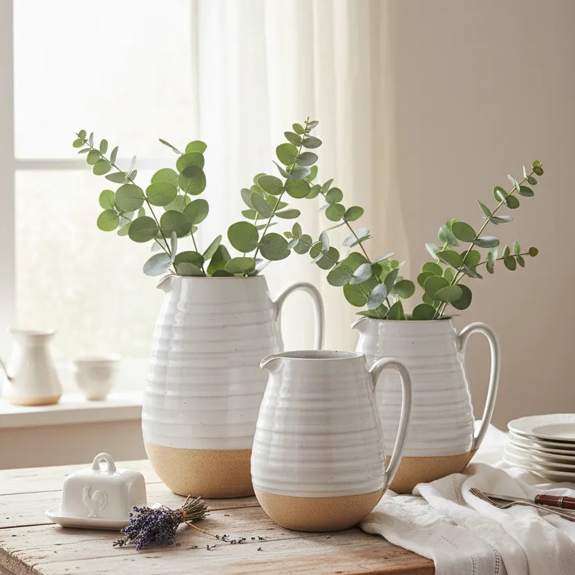 Three white ceramic pitchers with natural brown bases on a wooden table, filled with greenery.