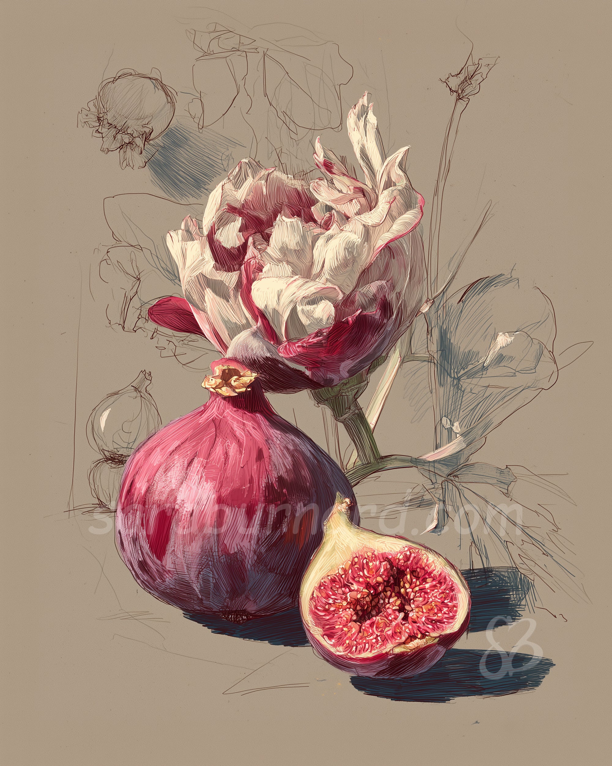 Fig and Flower Fine Art Print – Elegant Botanical Still Life Sketch