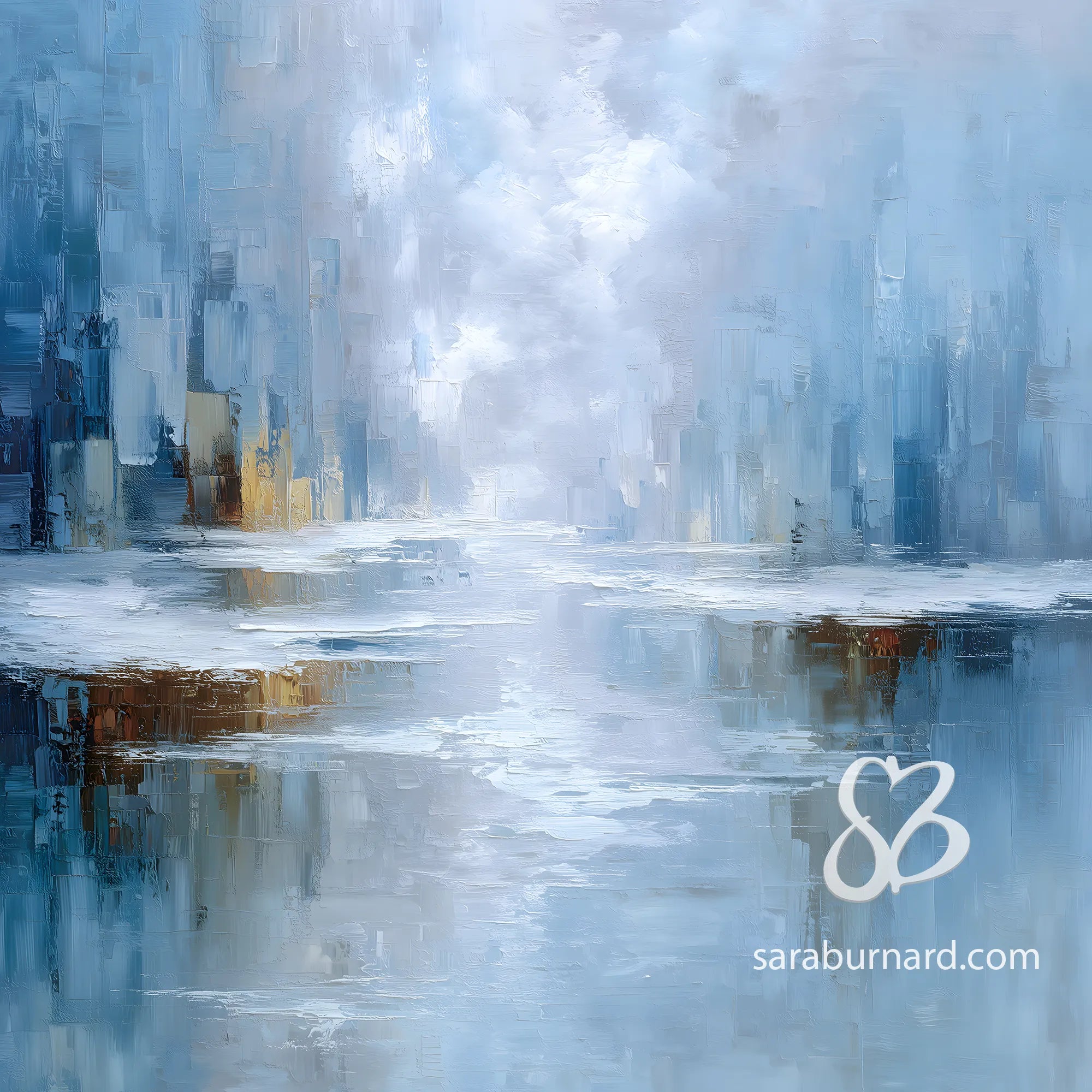Abstract art with blue and gray tones, featuring a signature at the bottom right corner.