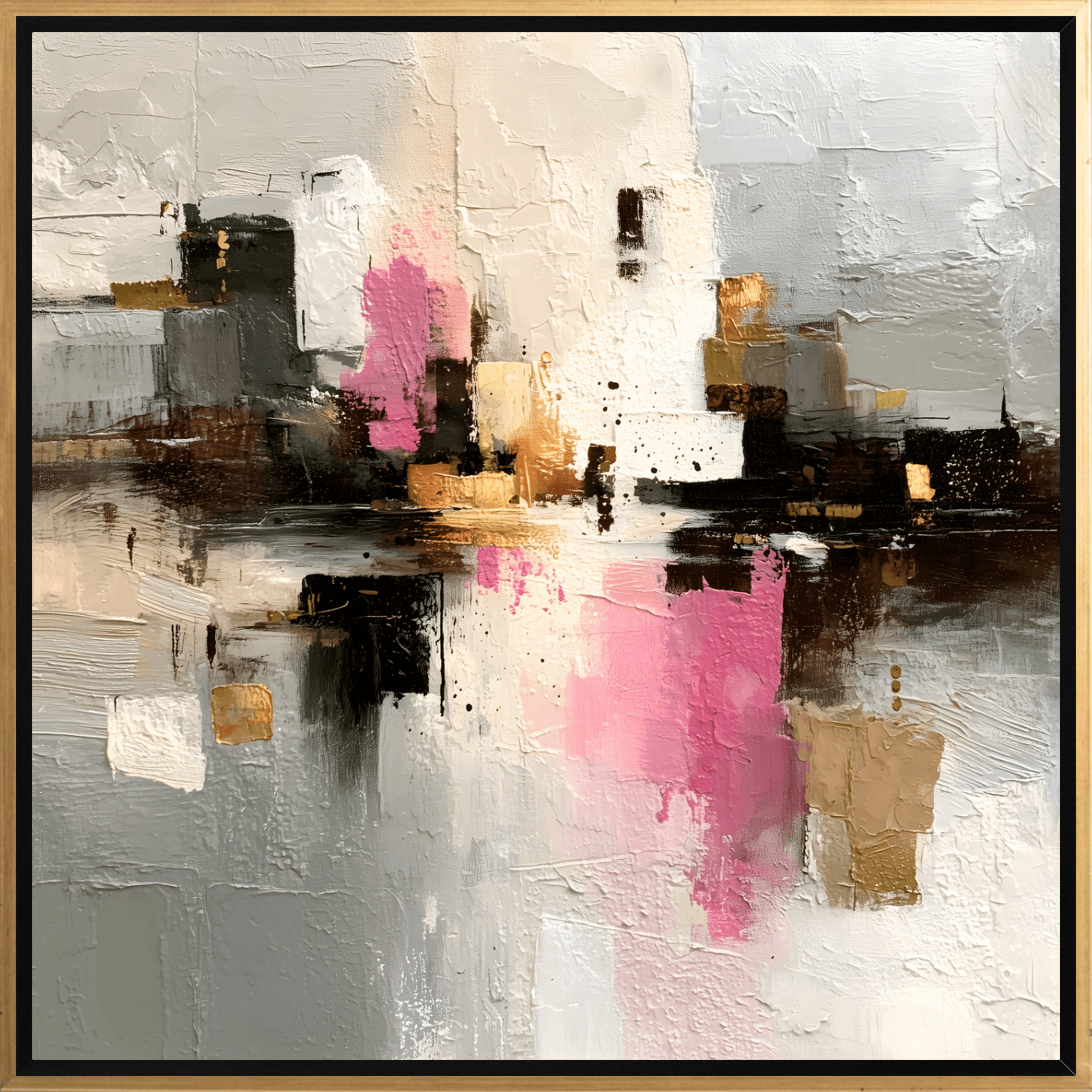 Abstract art painting with pink, gold, and black on a gray background
