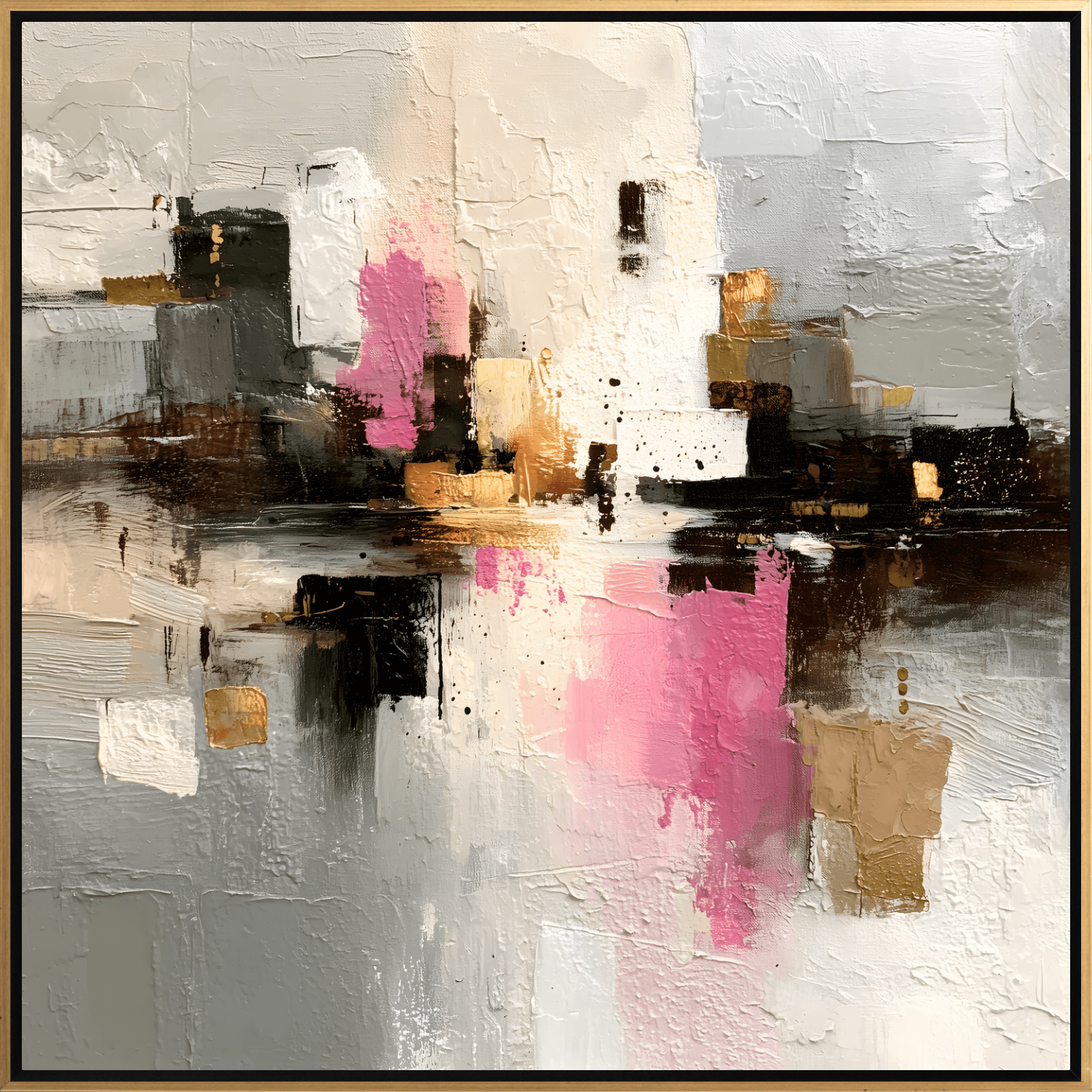 Abstract art piece with pink, gold, and black colors on a gray background