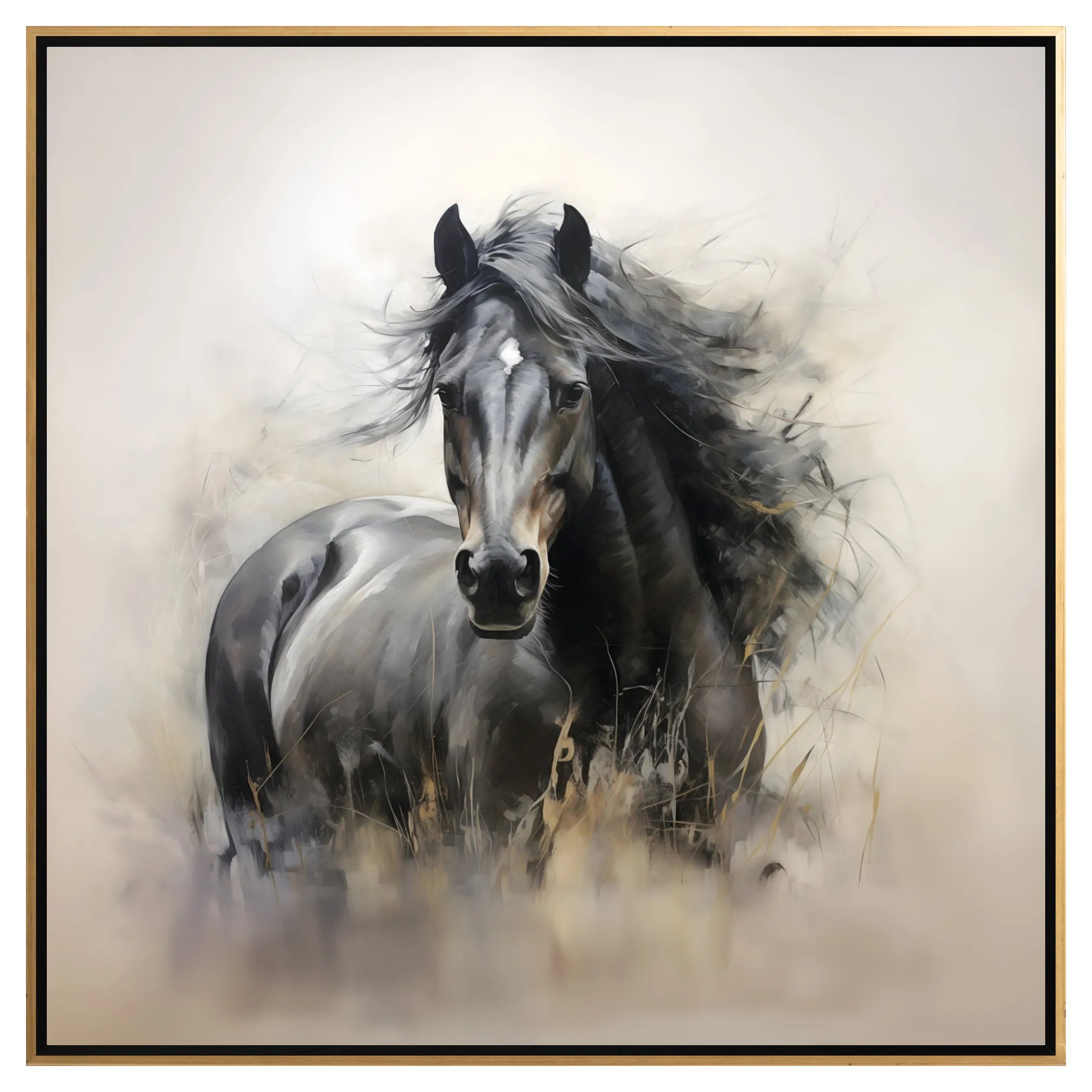 Framed artwork of a horse in a natural setting, Black and Gold Frame