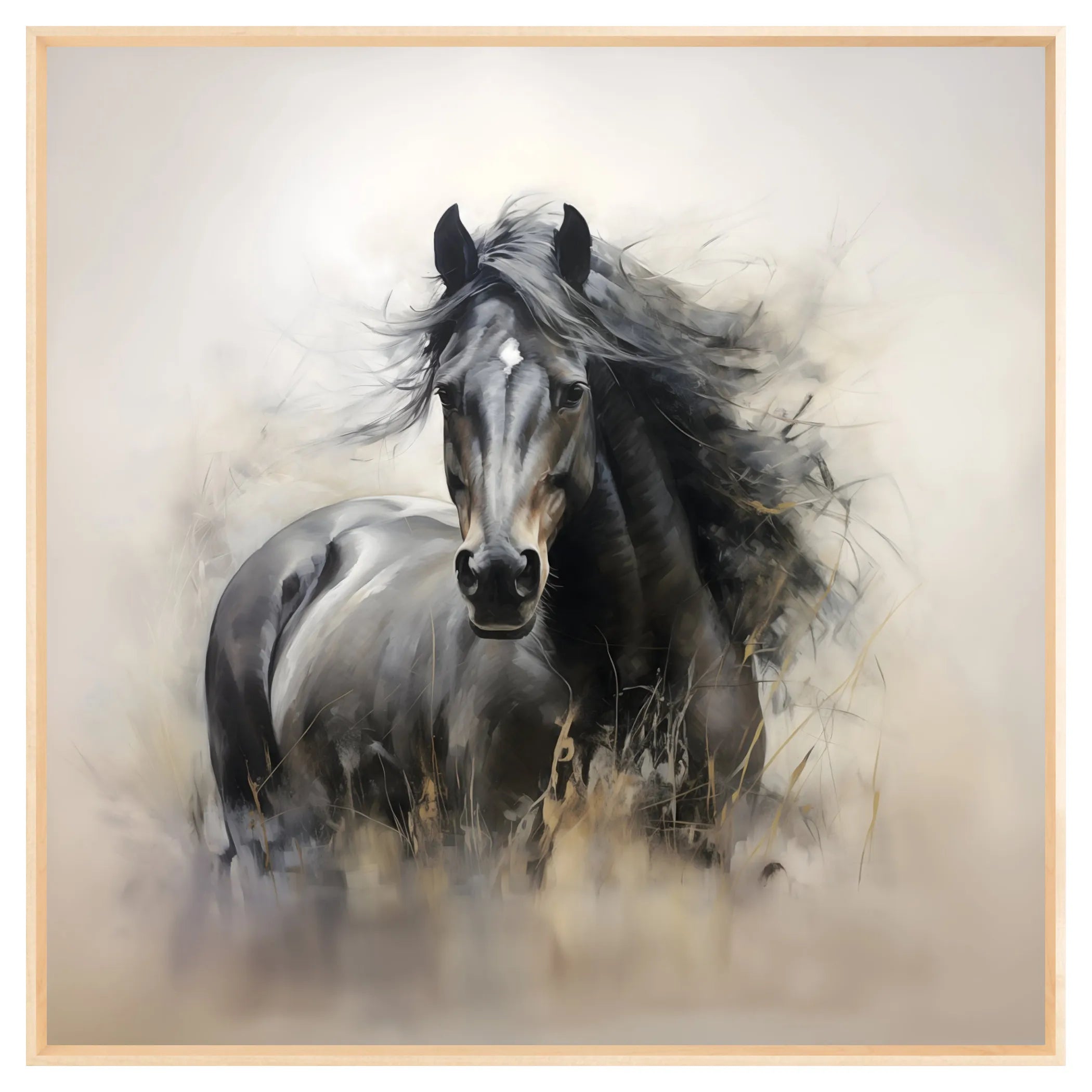 Framed artwork of a horse in a natural setting, Natural Wood Frame