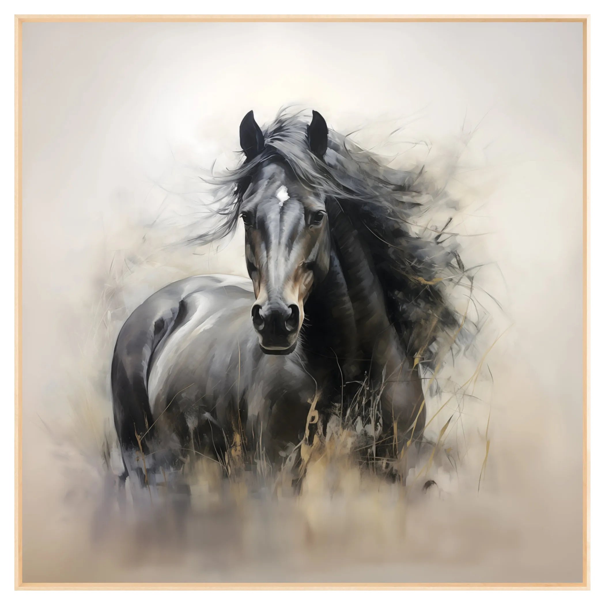 Framed Canvas Print artwork of a horse in a natural setting, with flowing mane