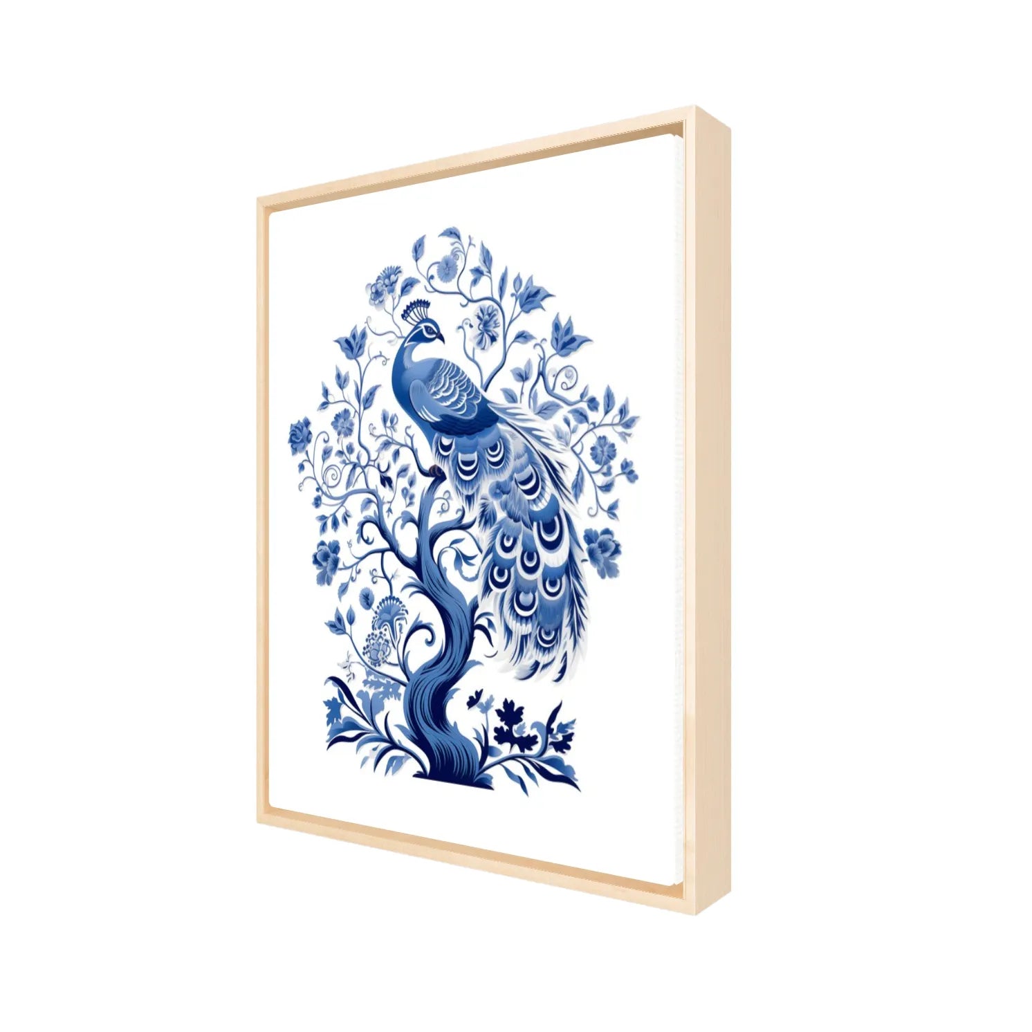 Side view of natural floating Framed artwork with a blue peacock design on a white background