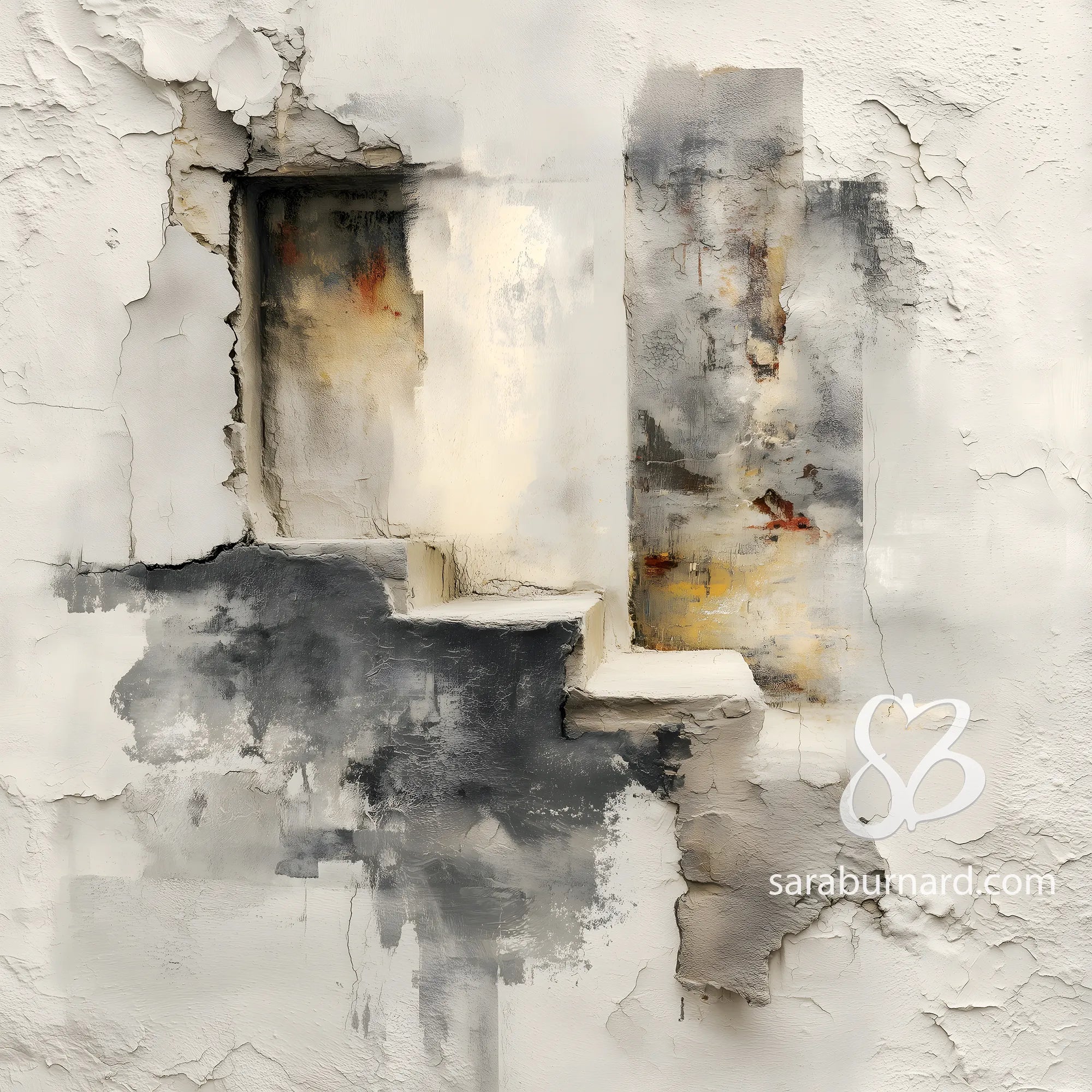 Abstract Canvas Print Distressed Stair Motif in Beige Charcoal Ochre