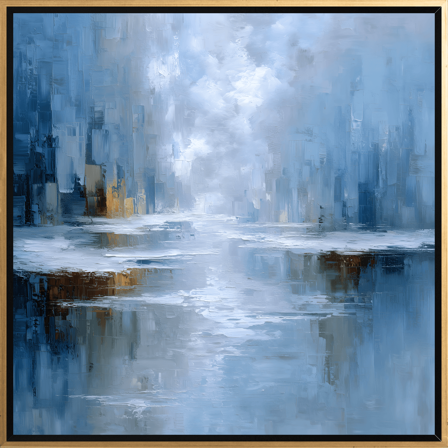 Framed Abstract Canvas Print Textured Modern Wall Art in Blue, Navy, Neutral & White 16 x 16