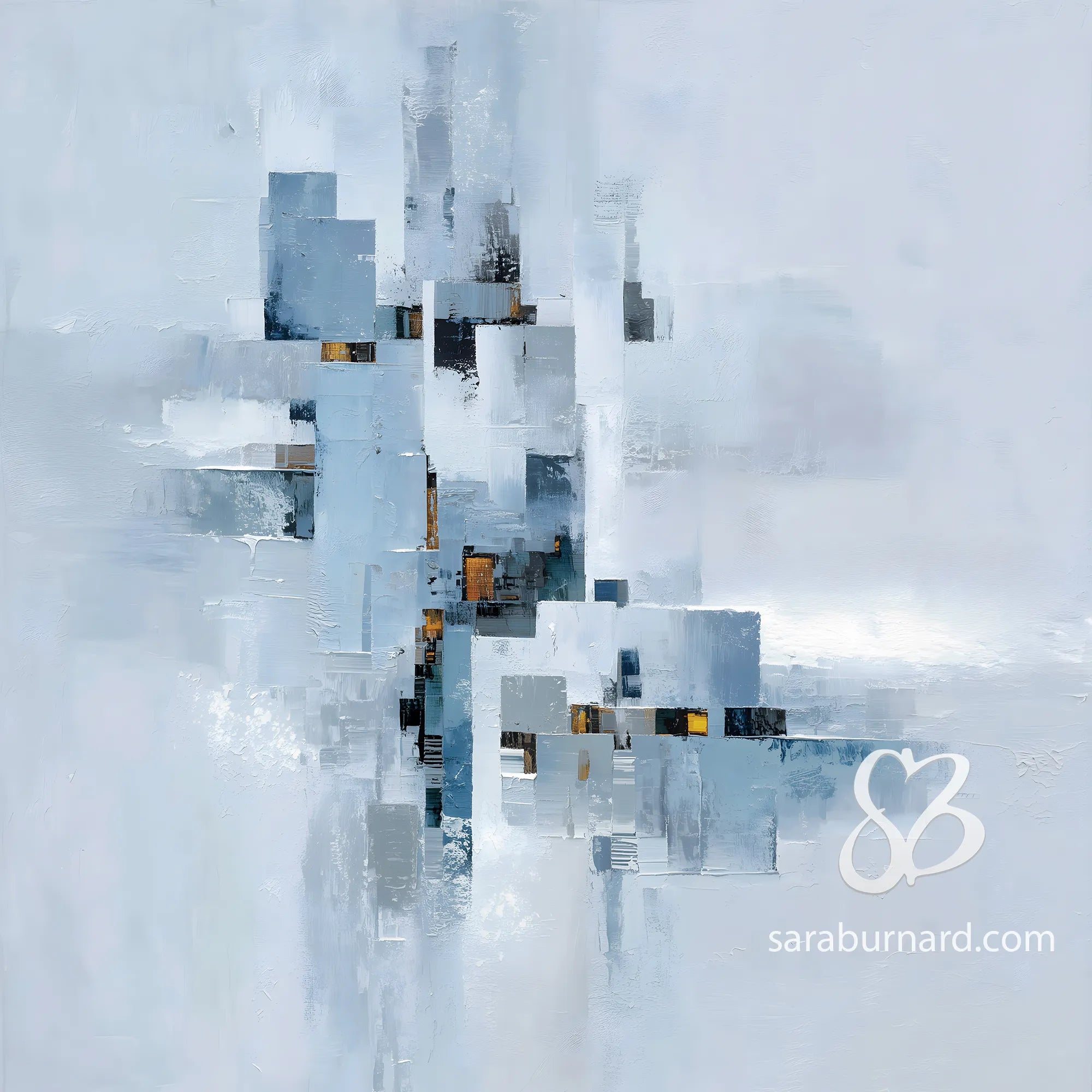 Abstract architectural design with geometric shapes on a light blue background, featuring the brand 'sarahburnard.com'.