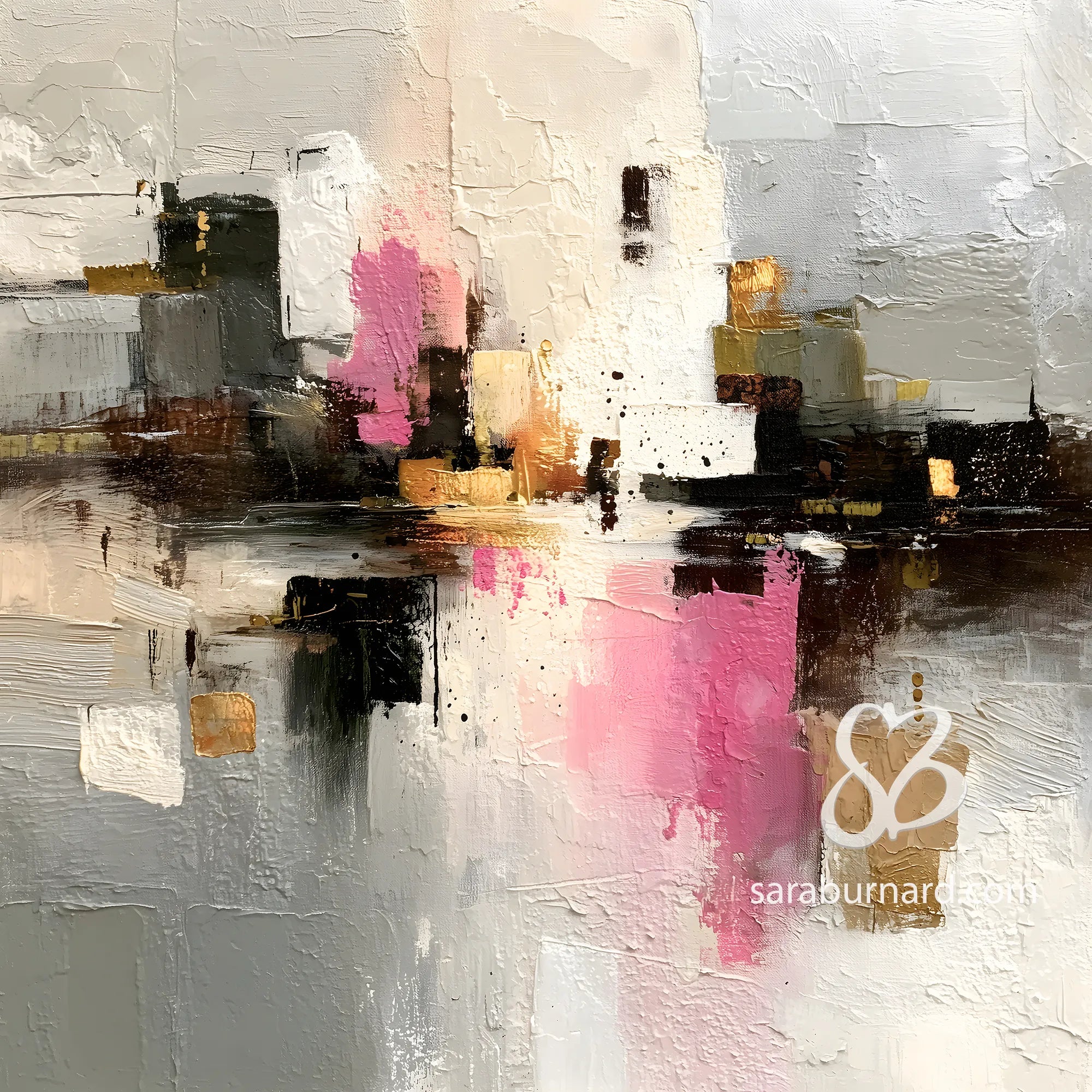 Abstract art painting with pink, black, and gold colors on a white background.