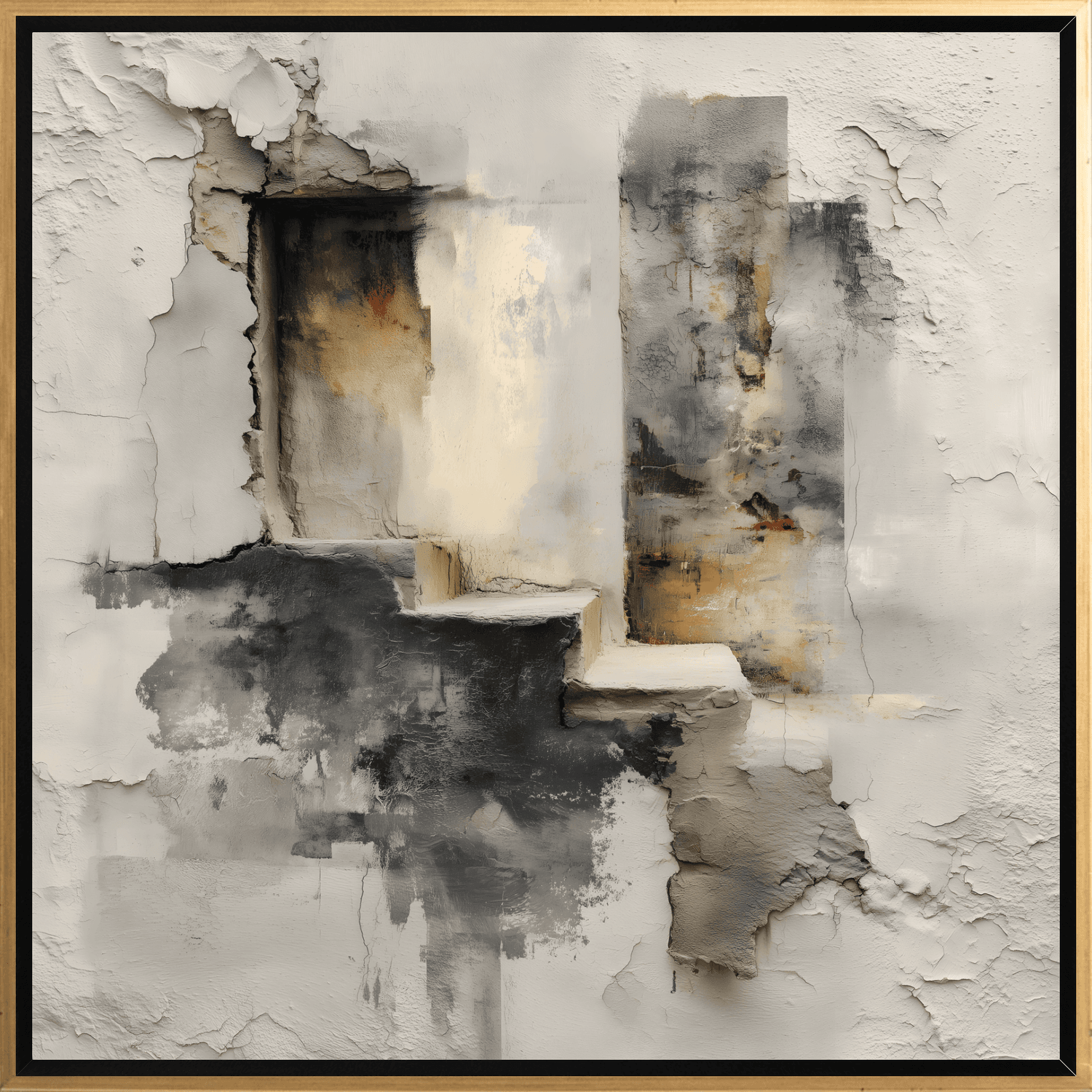 Framed Abstract Canvas Print Distressed Stair Motif in Beige, Charcoal & Ochre 16 x 16