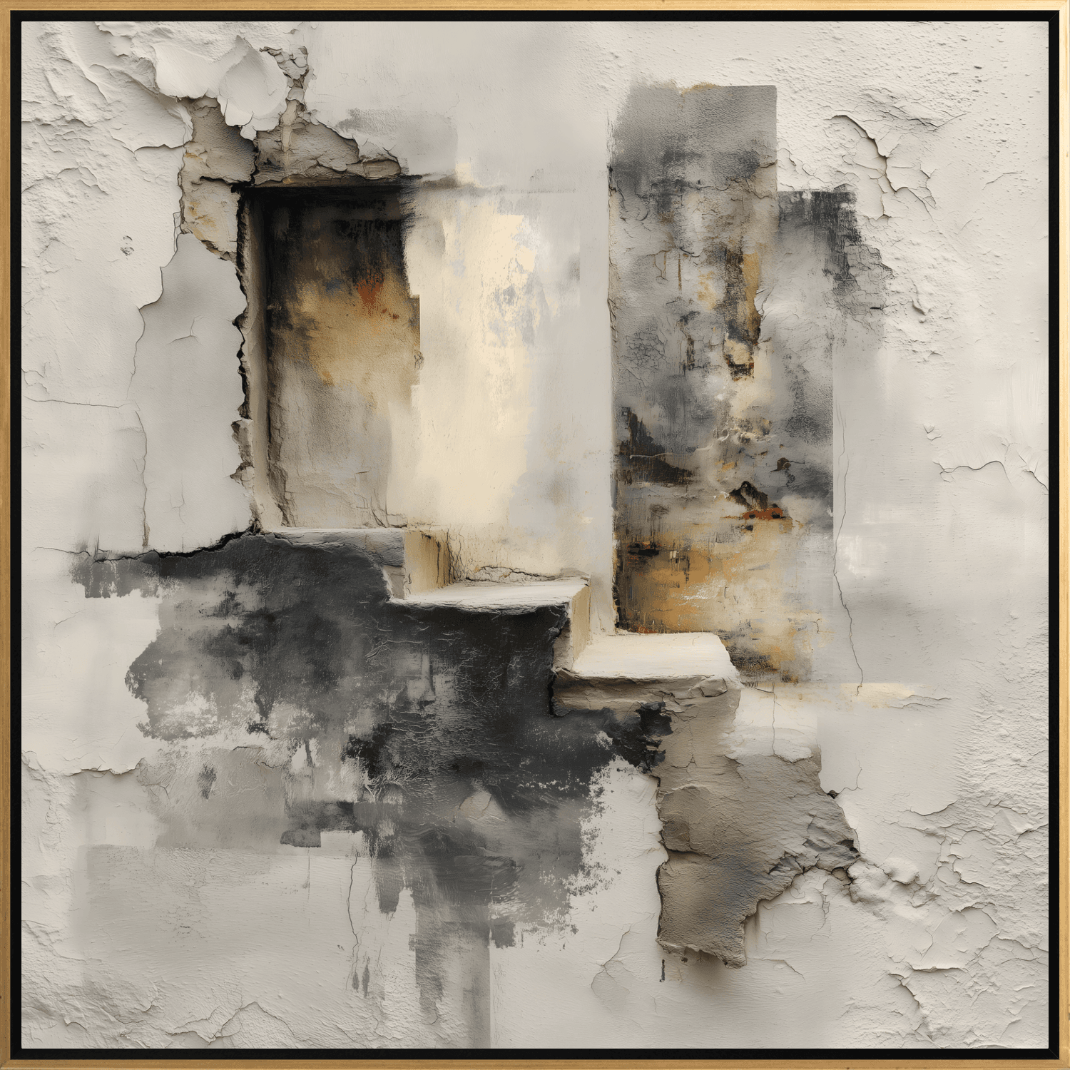 Framed Abstract Canvas Print Distressed Stair Motif in Beige, Charcoal & Ochre 24 x 24