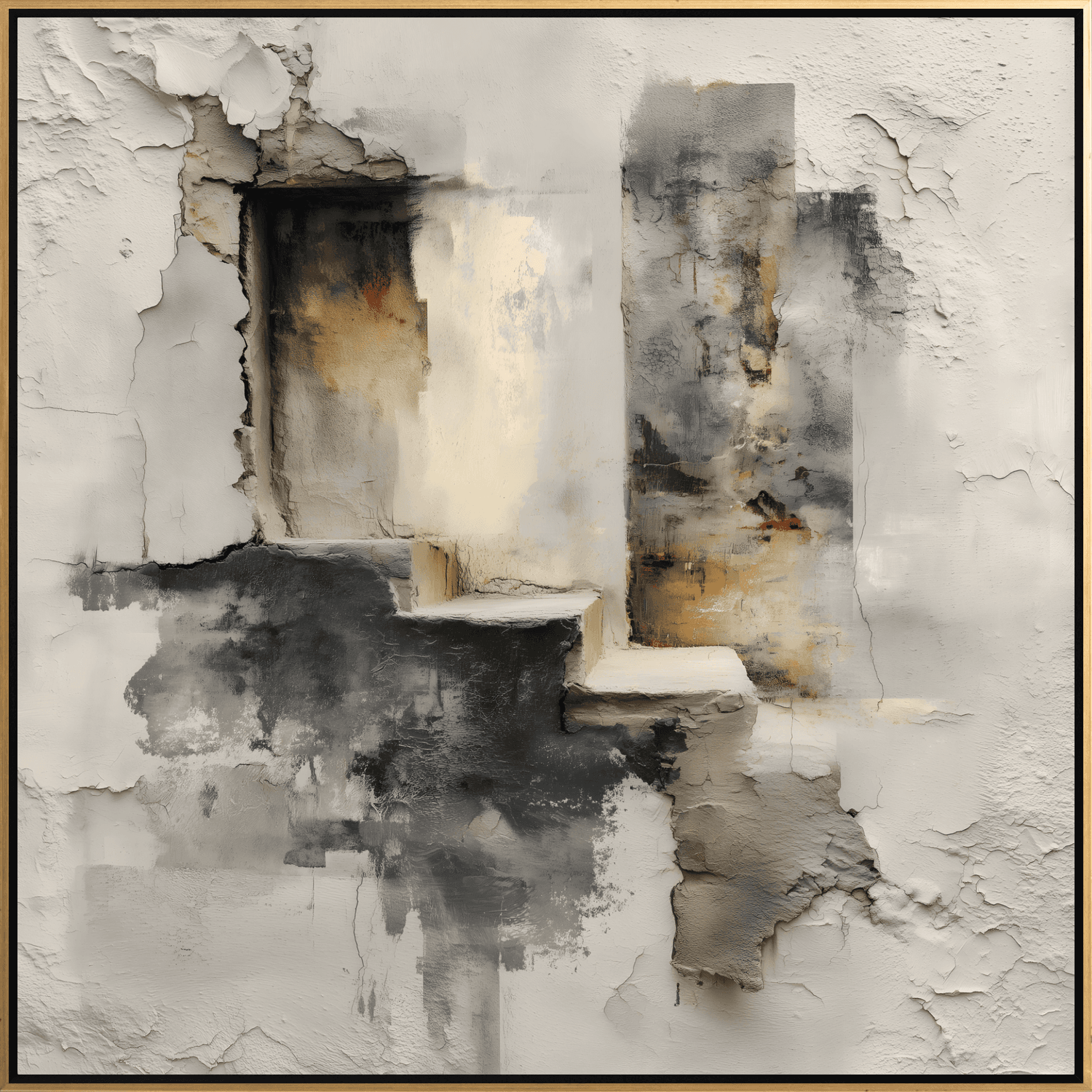 Framed Abstract Canvas Print Distressed Stair Motif in Beige, Charcoal & Ochre 30 x 30