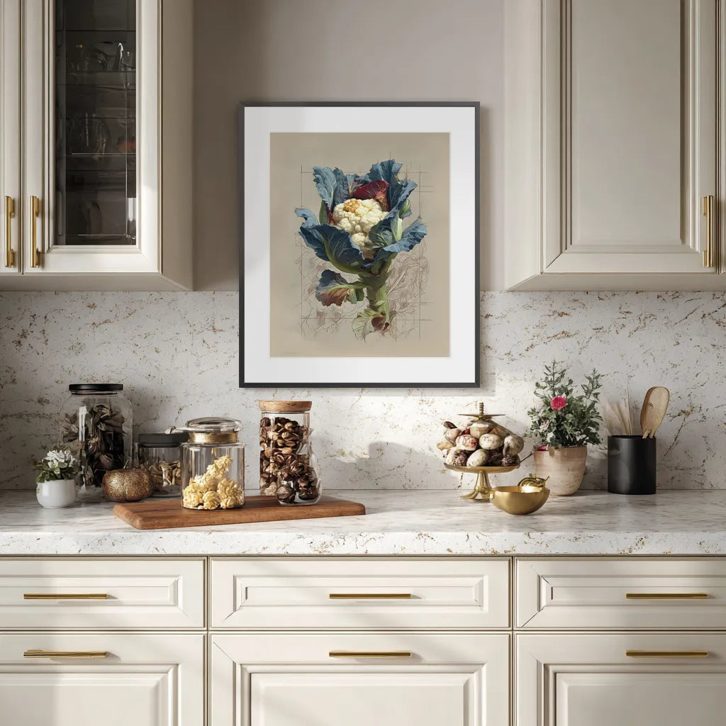 Modern kitchen with marble countertops, white cabinets, and a decorative painting of cauliflower.