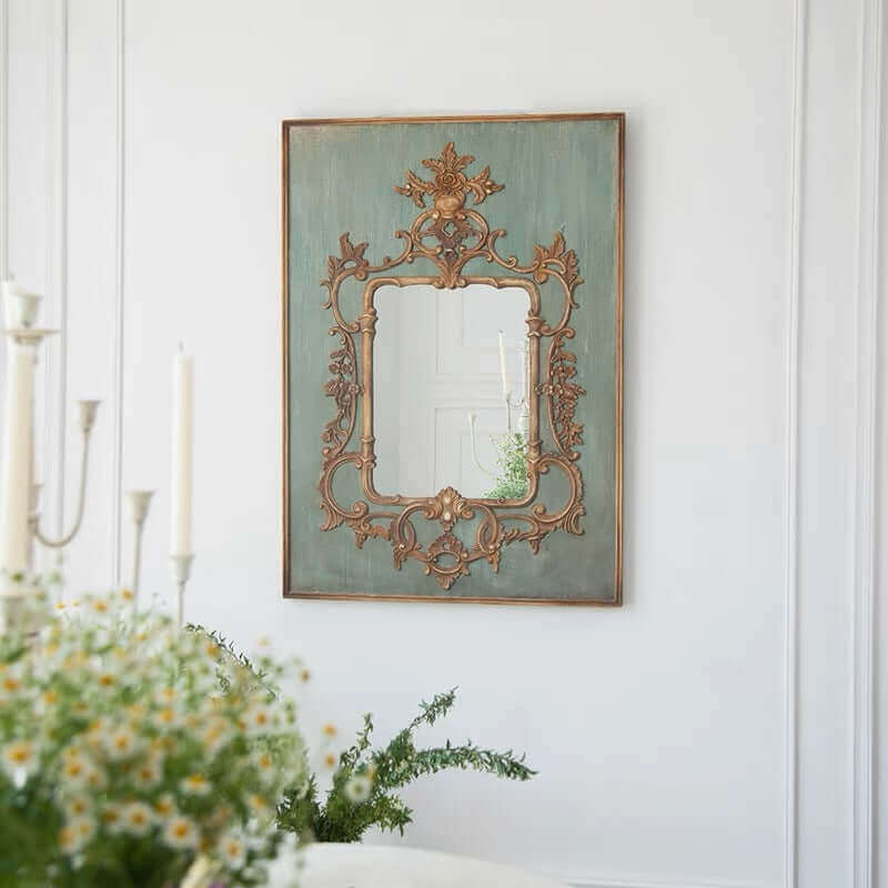 French Antique Wall Mirror with Gold and Green Frame