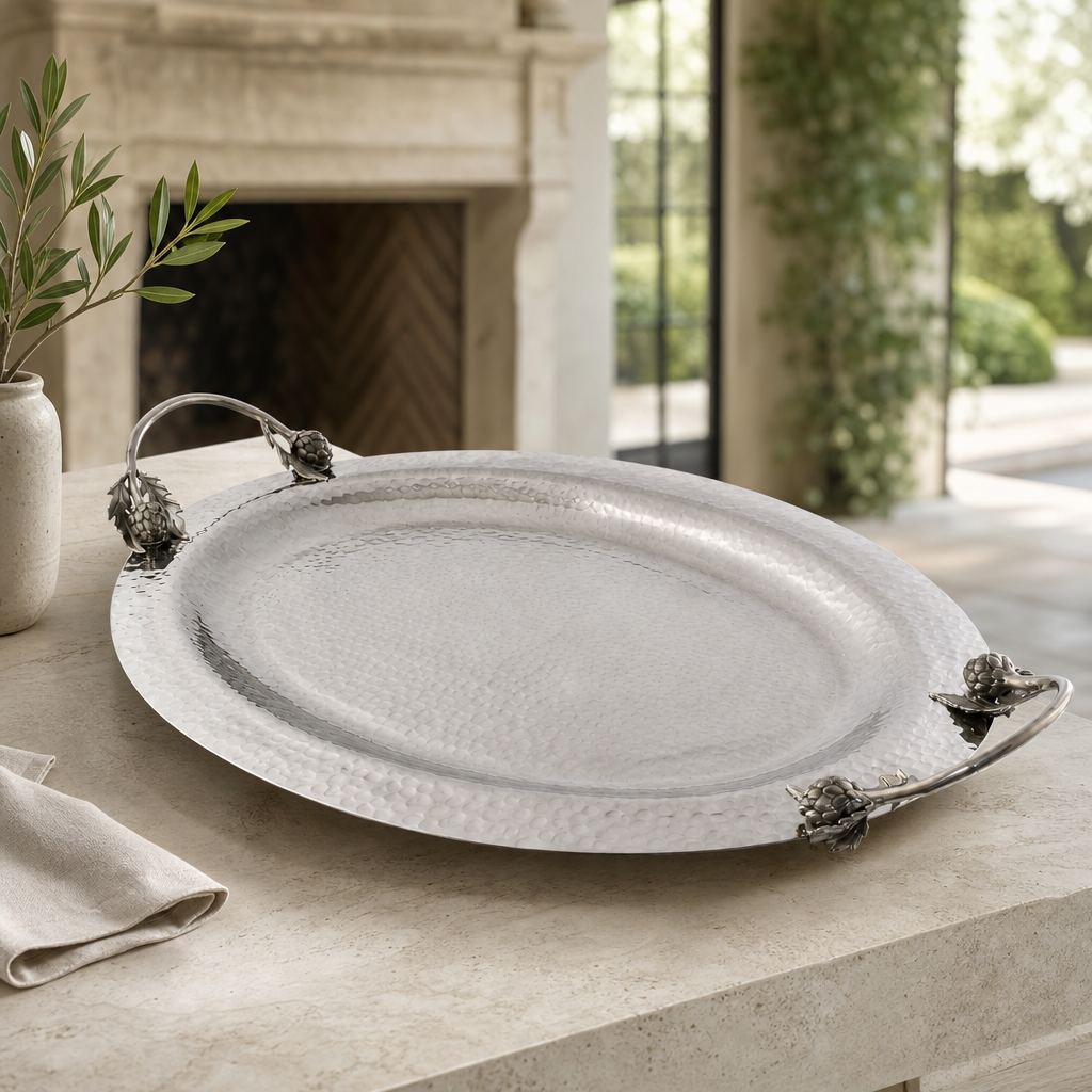 Artichoke Handle Large Steel Serving Tray